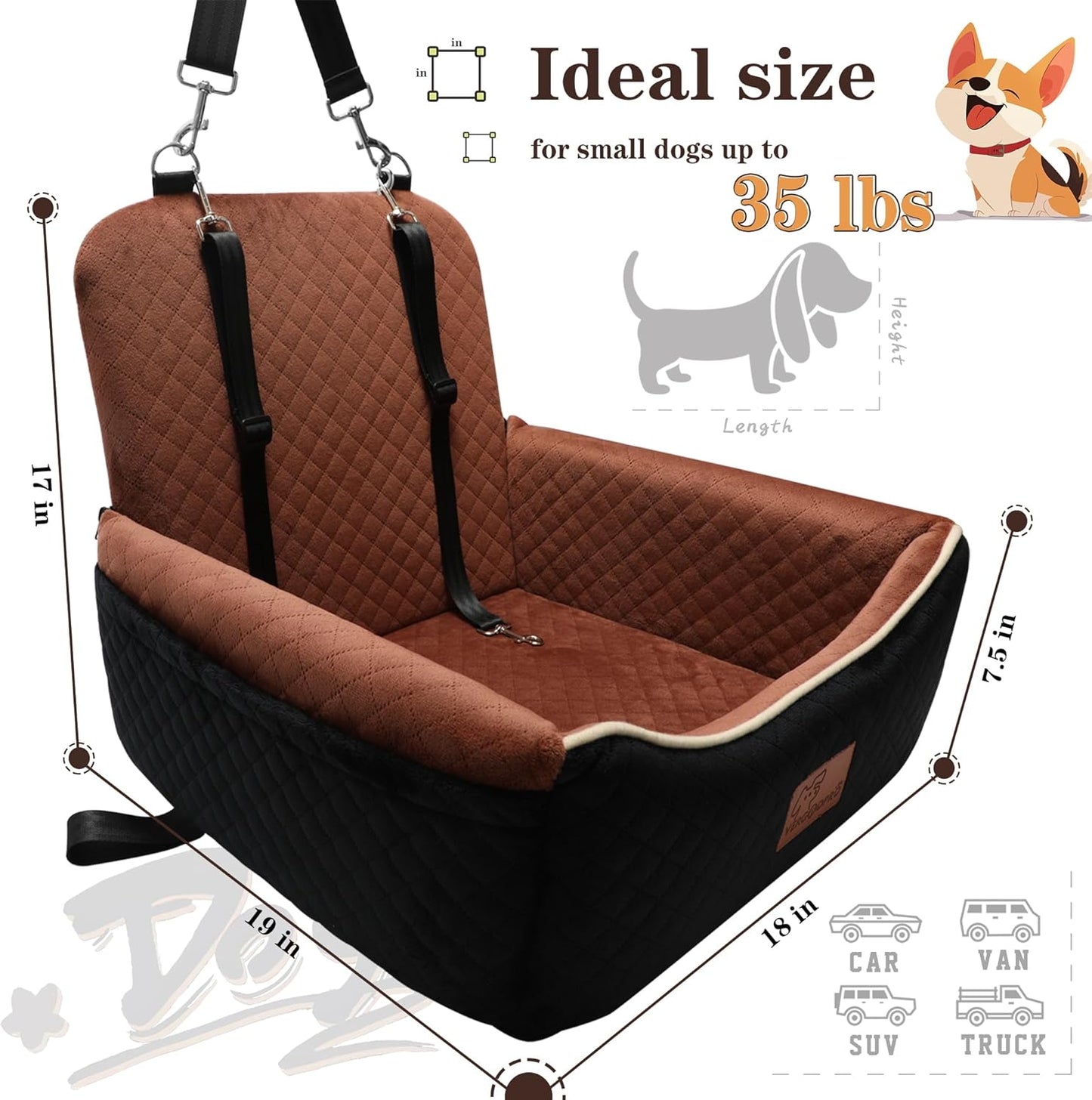 강아지 카시트 침대 2 in 1 최대 15.9kg(35파운드)의 소형/중형견용, 조절 가능한 안전 목줄, 부드러운 원단의 반려동물 여행용 자동차 침대가 있는 메모리 폼, 앞좌석과 뒷좌석에 쉽게 설치, 탈착식 및 세탁 가능.