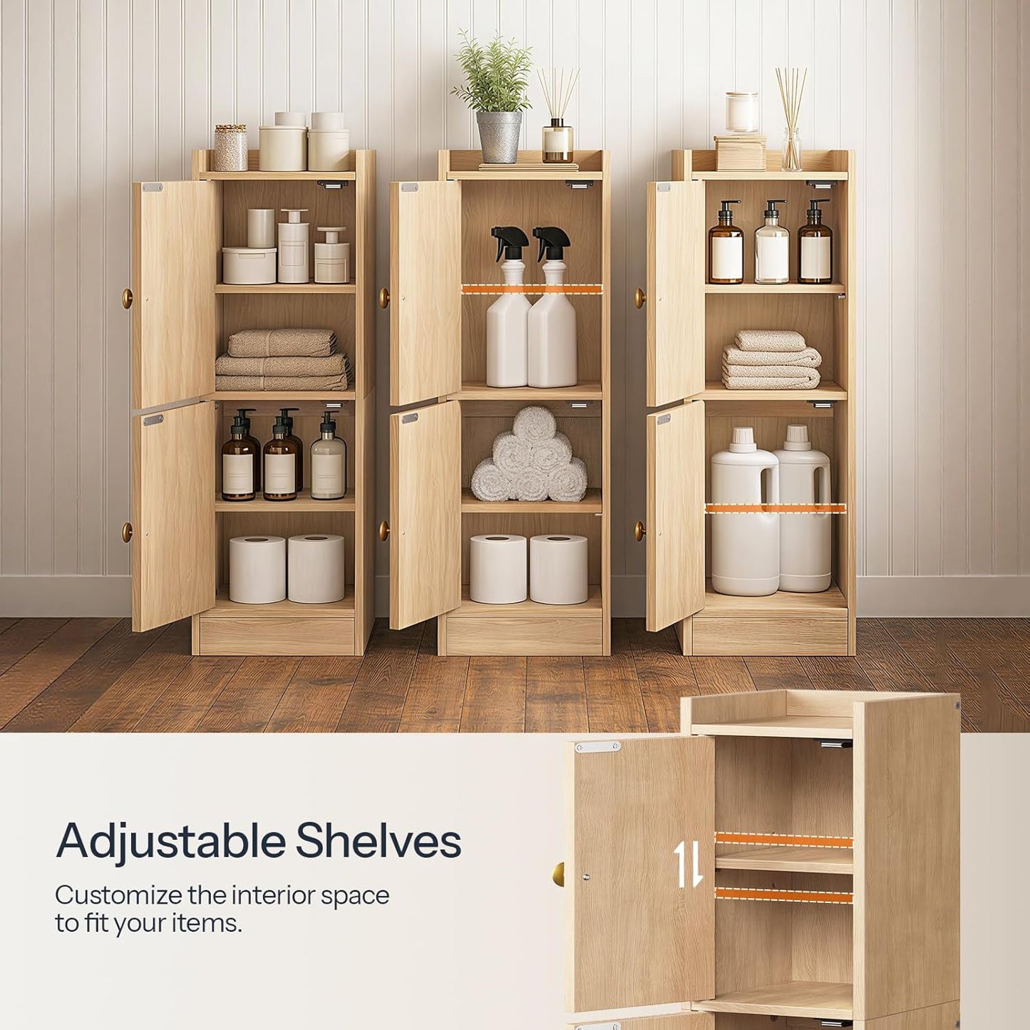 HOOBRO Small Bathroom Storage Cabinet, 9.8" W x 7.9" D x 30.7" H Small Cabinet for Bathroom with Doors, Farmhouse Floor Cabinet with 2 Adjustable Shelves, Narrow Toilet Paper Cabinet, Natural