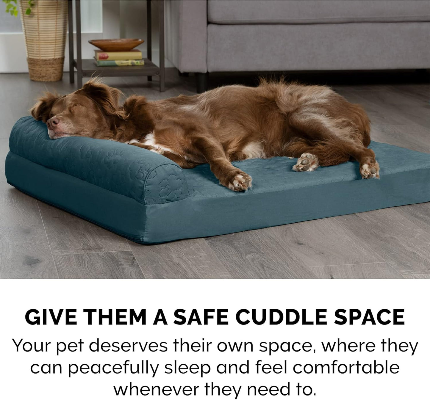 Furhaven Memory Foam Dog Bed for Medium/Small Dogs w/ Removable Bolsters & Washable Cover, For Dogs Up to 35 lbs - Pinsonic Quilted Paw L Shaped Chaise - Bluestone, Medium