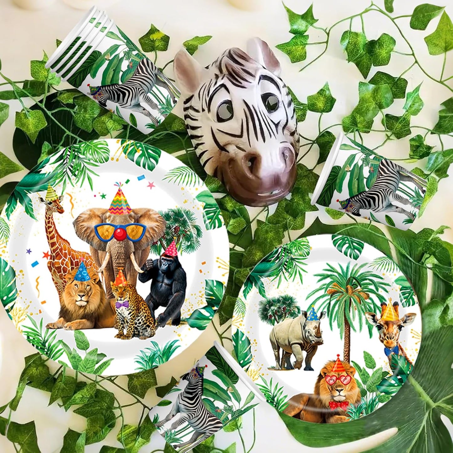 Safari Birthday Party Supplies Jungle Disposable Paper Plates Napkins Cups Tablecloth and Banner for Safari Animals Themed Party Decorations, Wild Animals Safari Zoo Birthday Party Supplies
