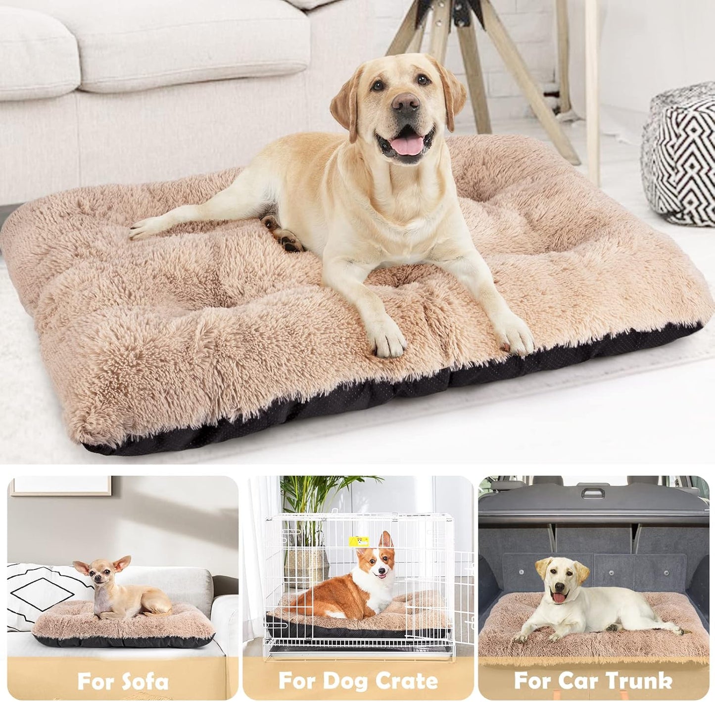 JOEJOY Dog Bed Crate Pad, Deluxe Plush Washable Dog Beds Fulffy Soft Kennel Pad Anti-Slip Pet Sleeping Mat for Medium Small Dogs, 29" x 21", Beige