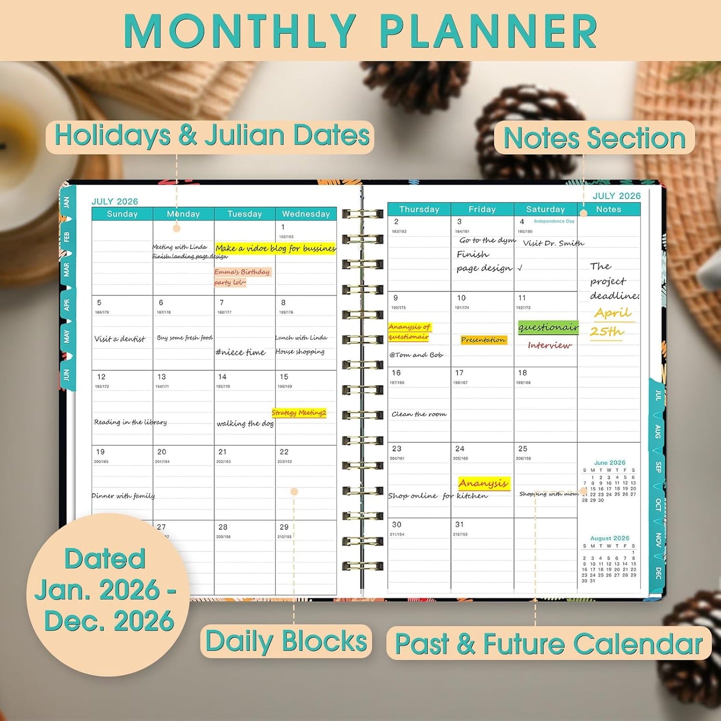 Ymumuda 2026 Planner, Daily Weekly and Monthly Planner，Jan 2026 - Dec 2026, 8.4" x 6.3", 2026 Calendar Planner Book with Tabs, Spiral Notebook with Inner Pocket for Office Home School Supplies