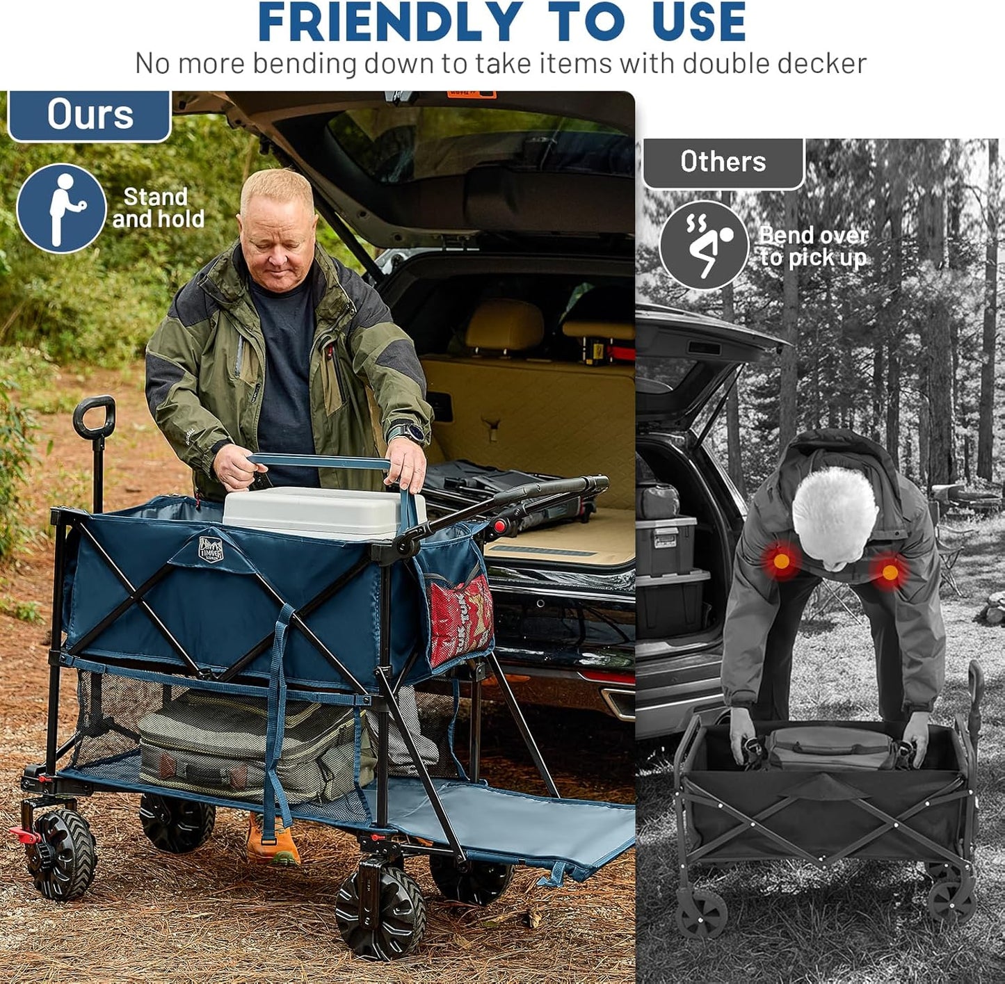 TIMBER RIDGE Push & Pull Double Decker Wagon, 400L Large Capacity Heavy Duty & 450lb Load, Collapsible Cart with All-Terrain Wheels & Brakes, 54” Extended Foldable for Sports, Beach, Camping, Blue