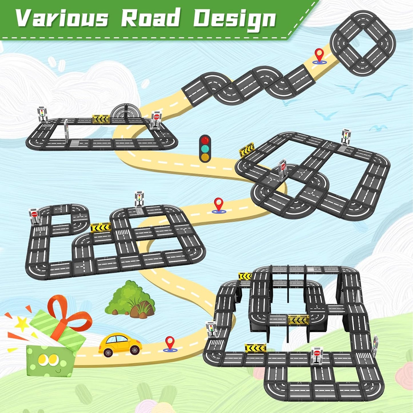 Magnetic Tiles Road Set, Magnet Tiles for Kids Ages 3-5 4-8 5-7, Magnetic Building Blocks Montessori Educational STEM Creativity Toys 3+ Year Old Boys & Girls Toddlers Kids Valentines day Gifts