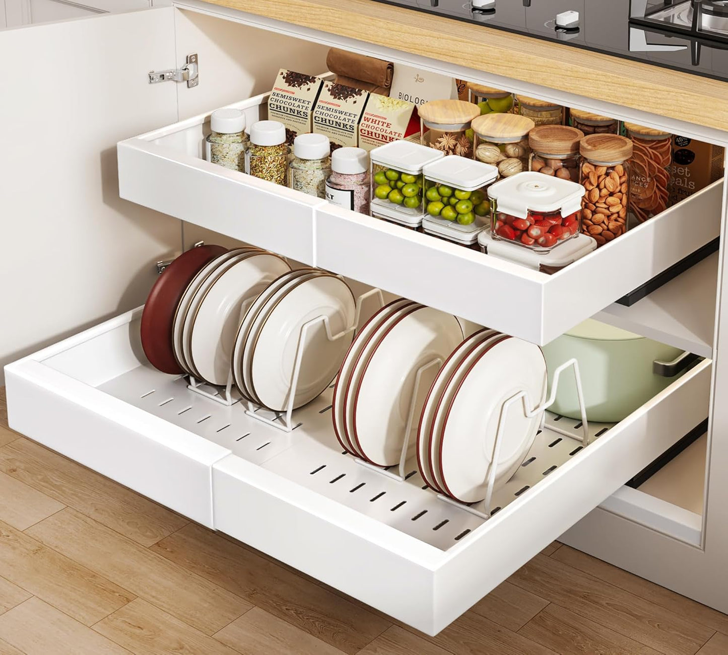 2 Pack Pull out Cabinet Organizer 21"Deep With Raising Pad for Framed Cabinets, Expandable Slide out Drawers for Kitchen Cabinets with 4pcs Divider Racks, Roll out Shelves 12.1"-20.4" W White