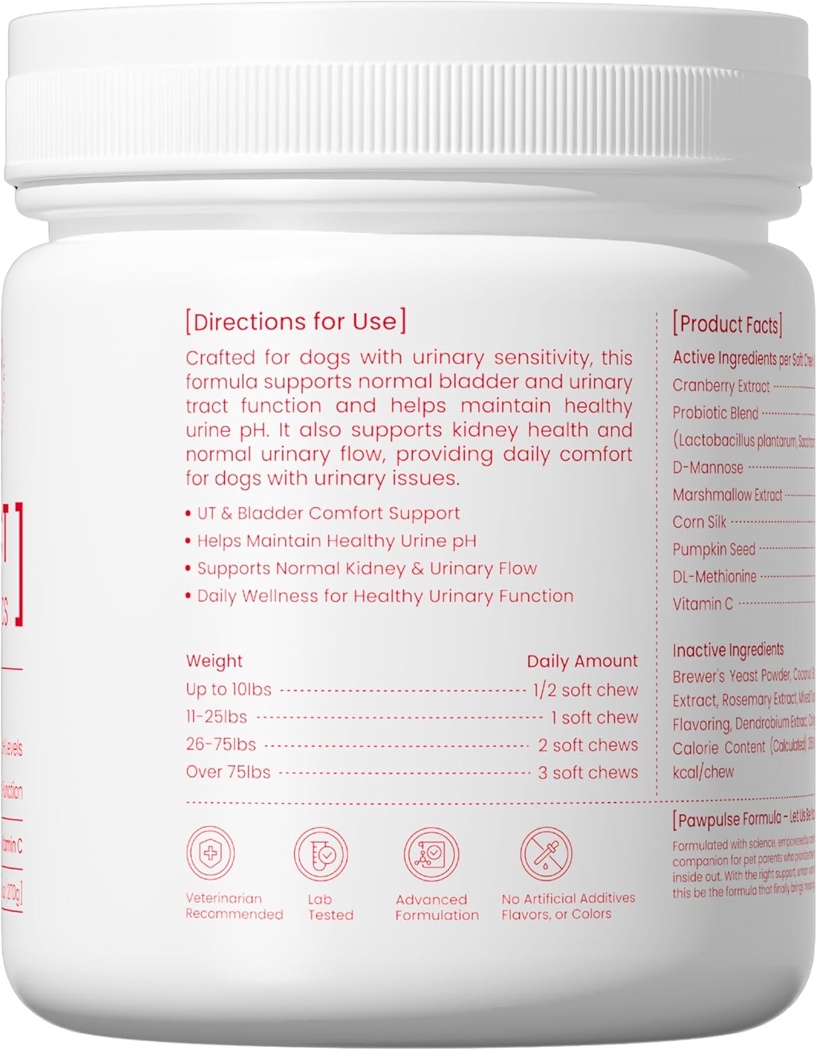 Pawpulse Formula Cranberry for Dogs, Urinary Tract Support for UTI Health, Bladder Stones, Incontinence, Urine Flow, Probiotics for Gut & Immune, 90 Chews