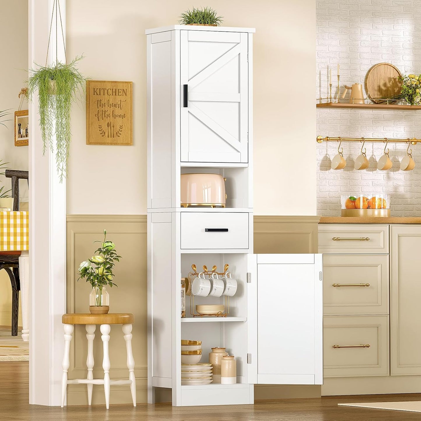 TEENFON 67" H Bathroom Storage Cabinet with Barn Doors & Adjustable Shelves, Bathroom Cabinet with Drawer, Narrow Bathroom Storage Unit, Floor Cabinets for Living Room, Kitchen, White
