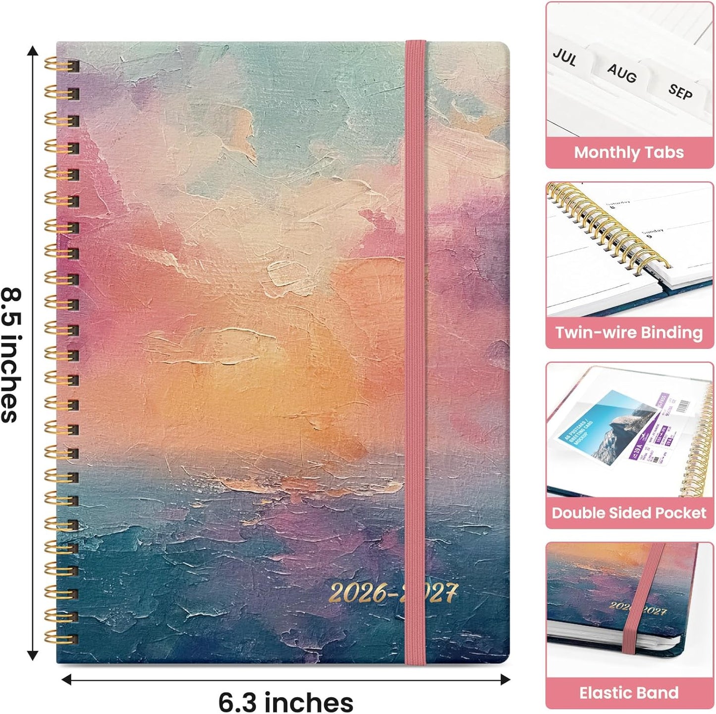 Planner 2026-2027, Academic Year Monthly and Weekly Calendar Planner, Jul 2026 - Jun 2027, Hardcover Teacher Student Planning Agenda book with Tabs, Perfect for School Office Supplies, 6.3" x 8.5" - Sunset