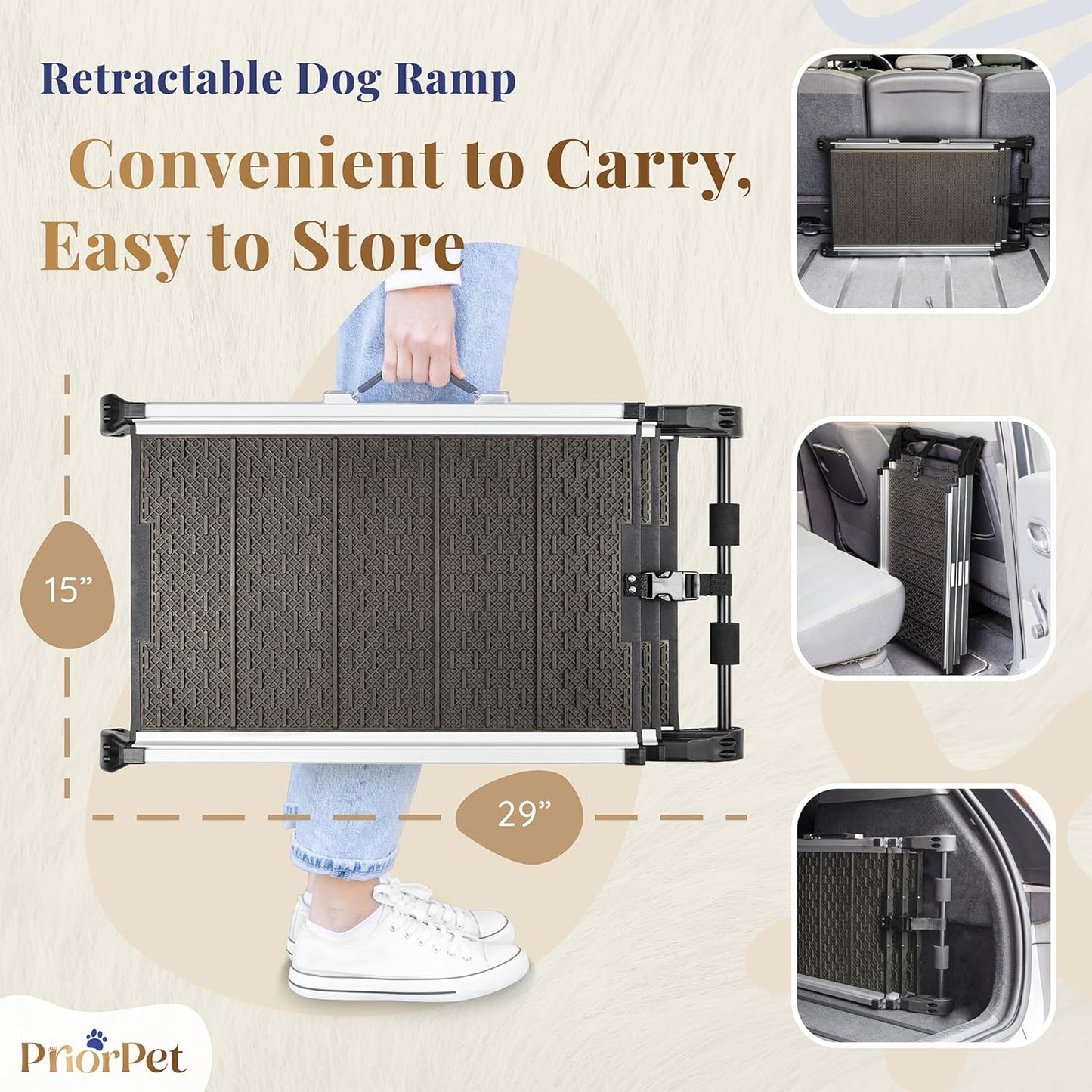 Dog Ramp for Car - Stable Anti-Slip Dog Car Ramp for Large Dogs - 63" Long & 15" Wide - 250LBS Capacity - Telescoping Pet Ramp - Lightweight - Reflective Sides - Fixing Clip - Shadow Gray