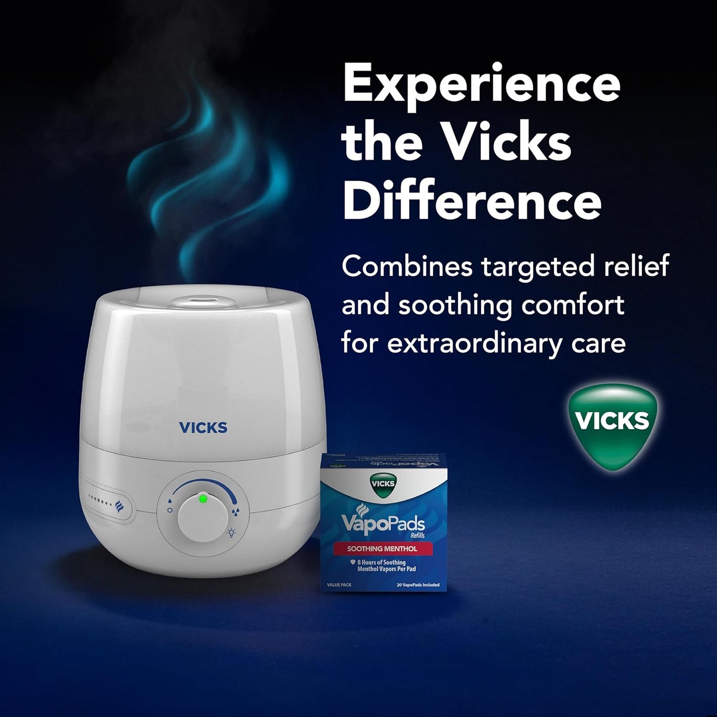 Vicks NaturalCare Cool Mist Ultrasonic Humidifier, Small Room Humidifier for Bedroom, Diffuser with Nighttime Light, Works with Vicks VapoPads, White