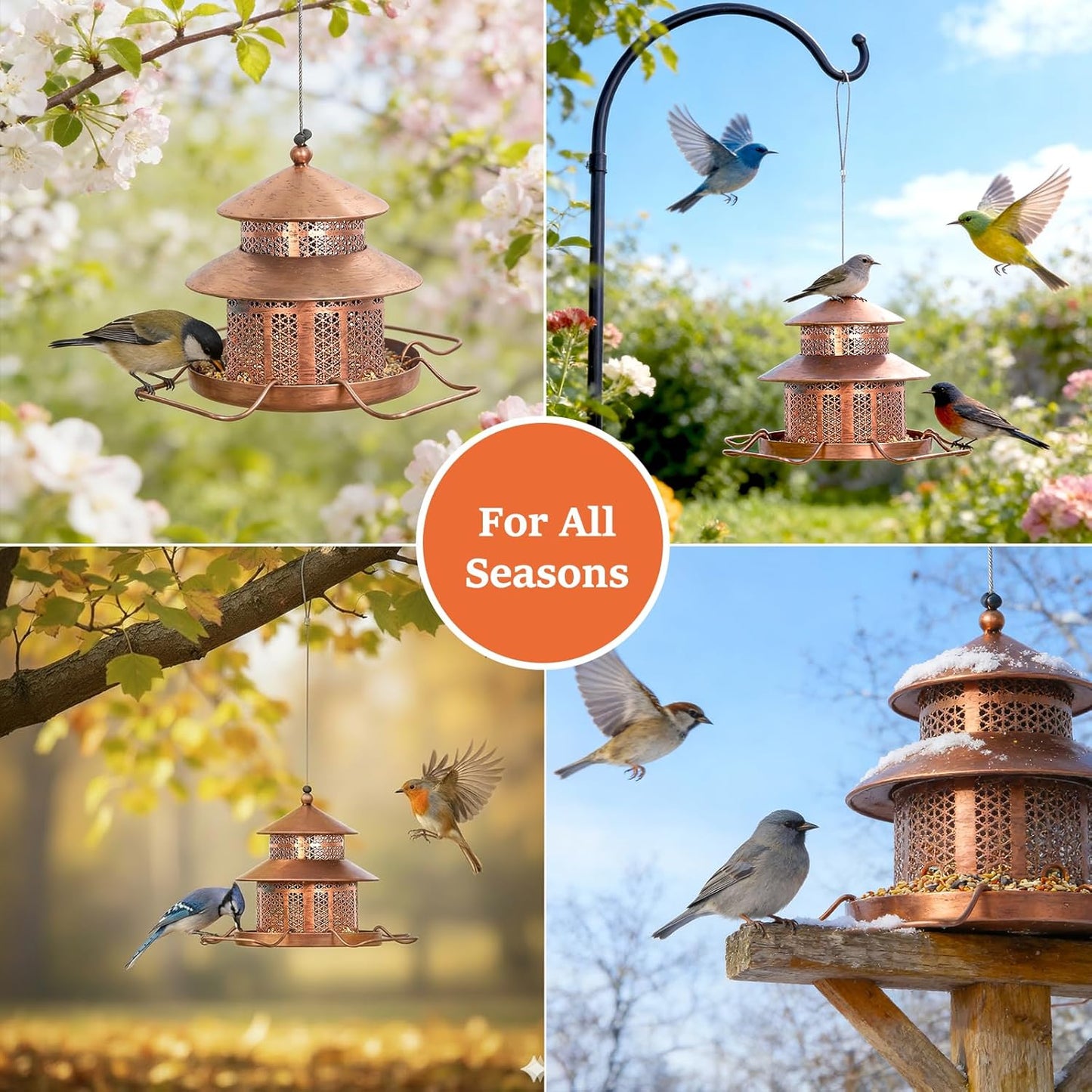 Bird Feeder for Outdoors Hanging, 1.5LB Capacity with 4 Perches, Heavy Duty Metal Wild Bird Feeders for Garden, Yard, Balcony,Easy to Clean and Refill,Vintage Copper