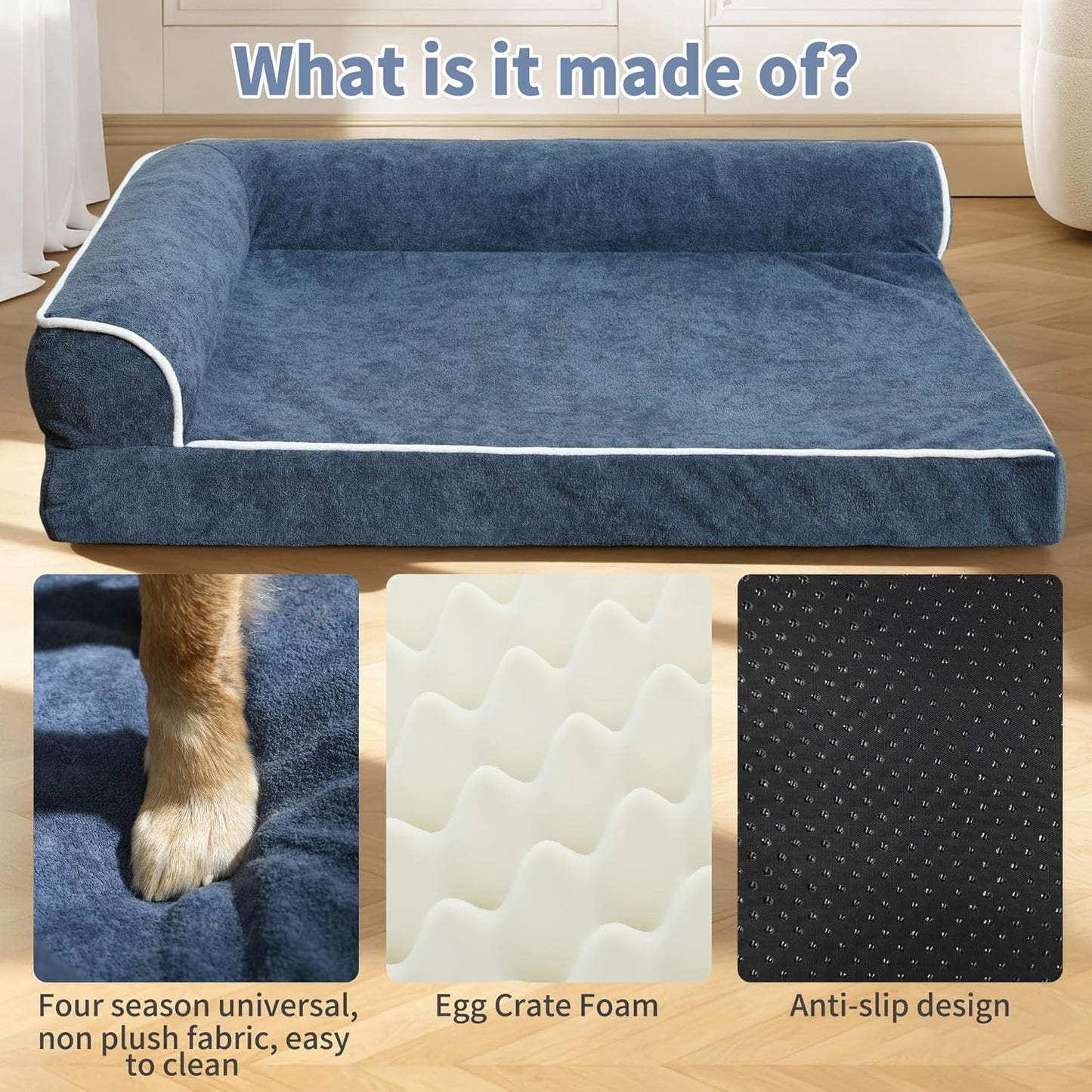 Orthopedic Dog Bed with Pillow L-Shape Dog Sofa for Large Medium Dogs, Dogs Couch with Removable Washable Cover, Pet Bed with Nonskid Bottom(Blue, Medium(30x20in))