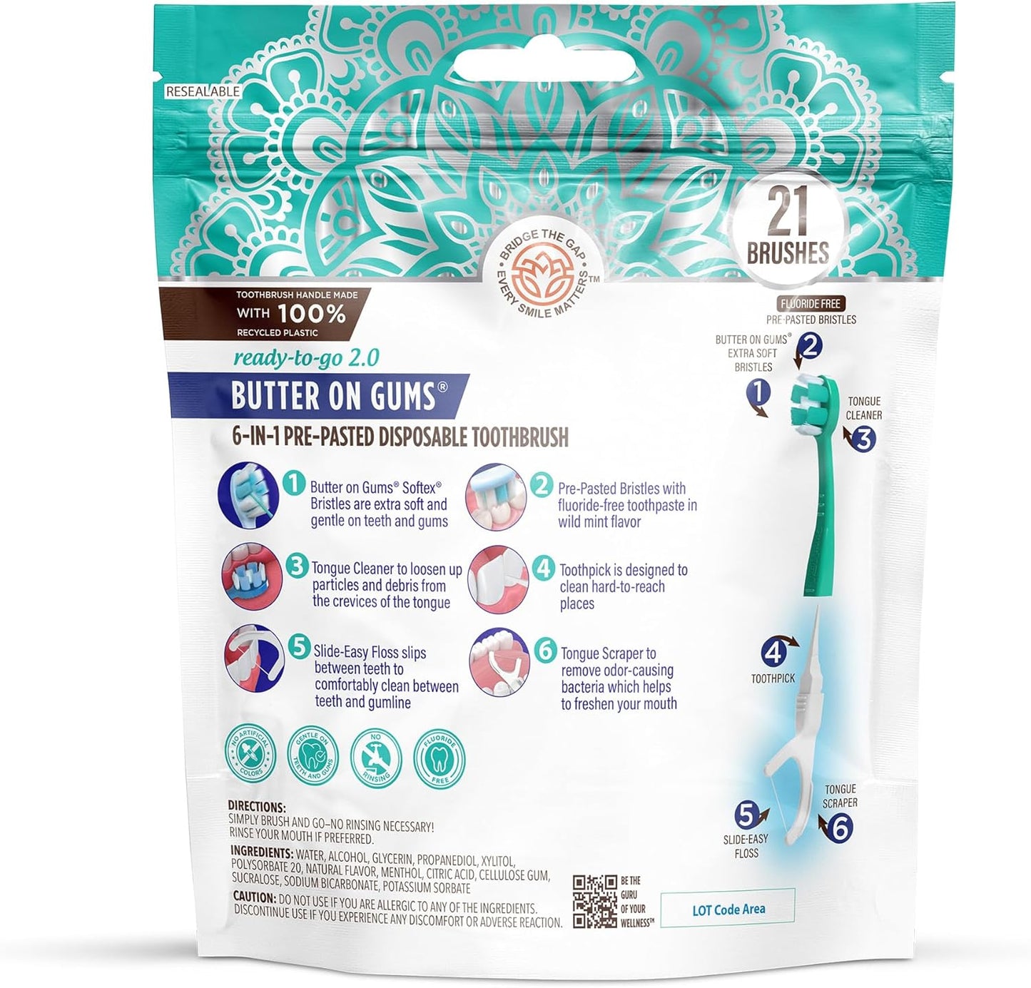 GuruNanda 6-in-1 Ready-to-Go Disposable Toothbrush, Pre-Pasted Butter on Gums Softex Bristles, Floss & Toothpick, Tongue & Cheek Cleaner, Individually Wrapped & TSA Friendly, 21 Ct
