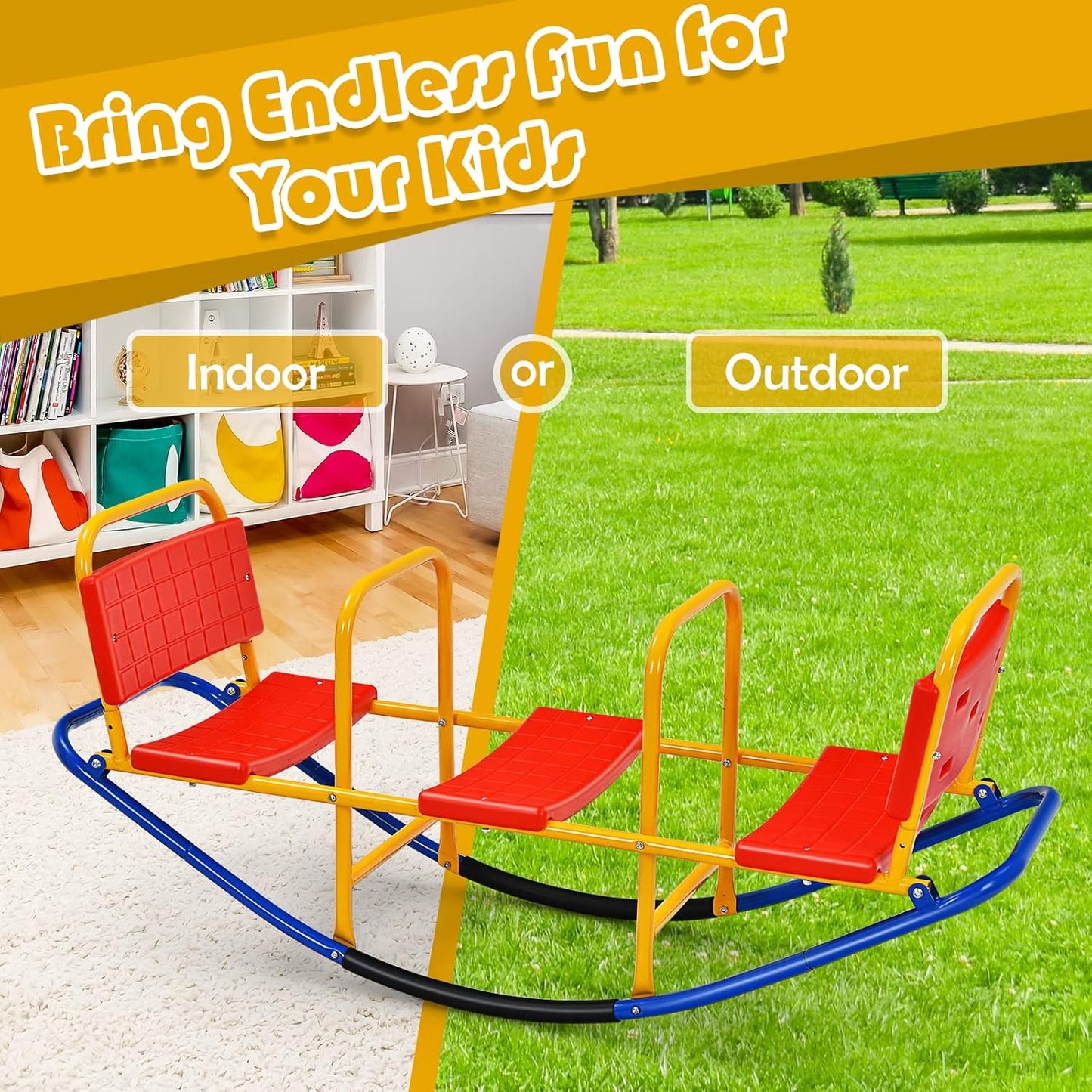 Costzon Teeter Totter Seesaw for Kids Outdoor, 2 in 1 Metal Rocking Seesaw for Toddlers with Easy-Grip Handles, Indoor Outdoor Rocker Toy Gifts for Ages 2-5, 1-3 Person Home Preschool Backyard See Saw