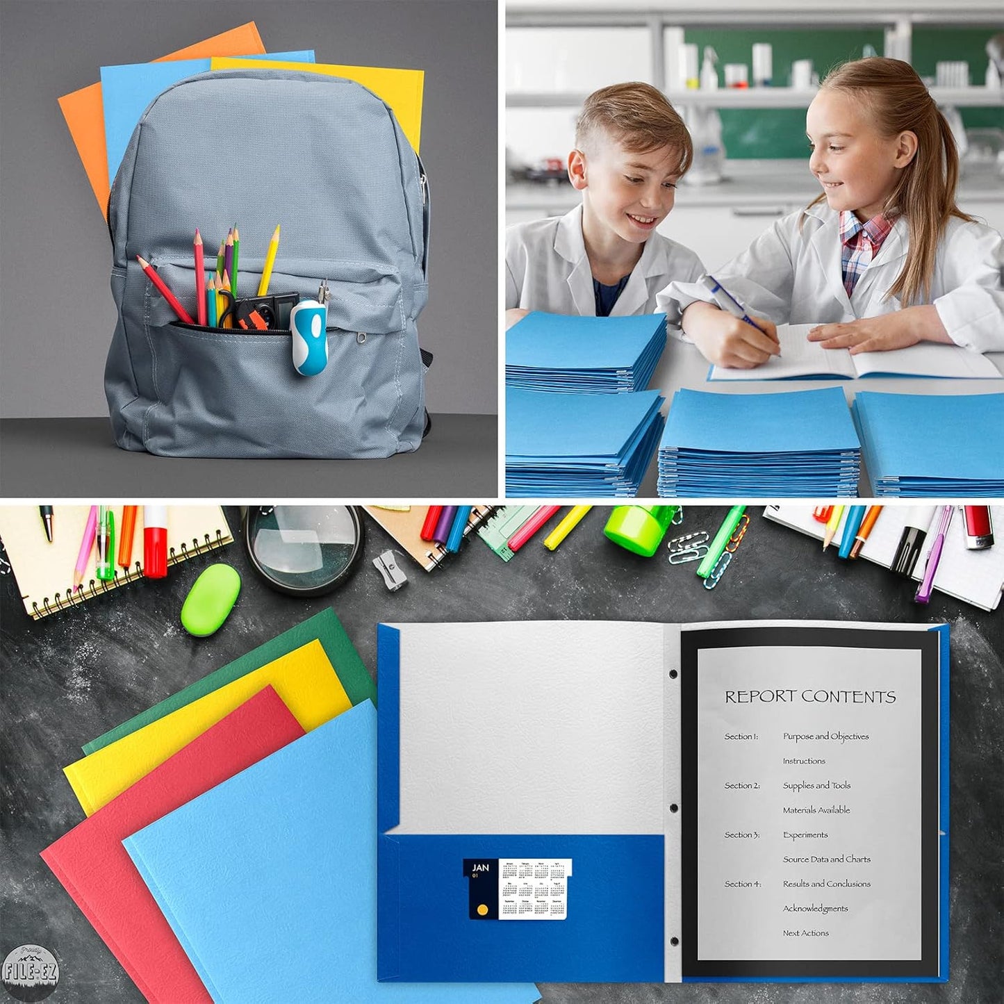 FILE-EZ Two-Pocket Folders with 3-Prong Fasteners, Assorted Colors, 25-Pack, Durable Textured Paper, Matte Finish, Letter Sheet Size (EZ-92500)