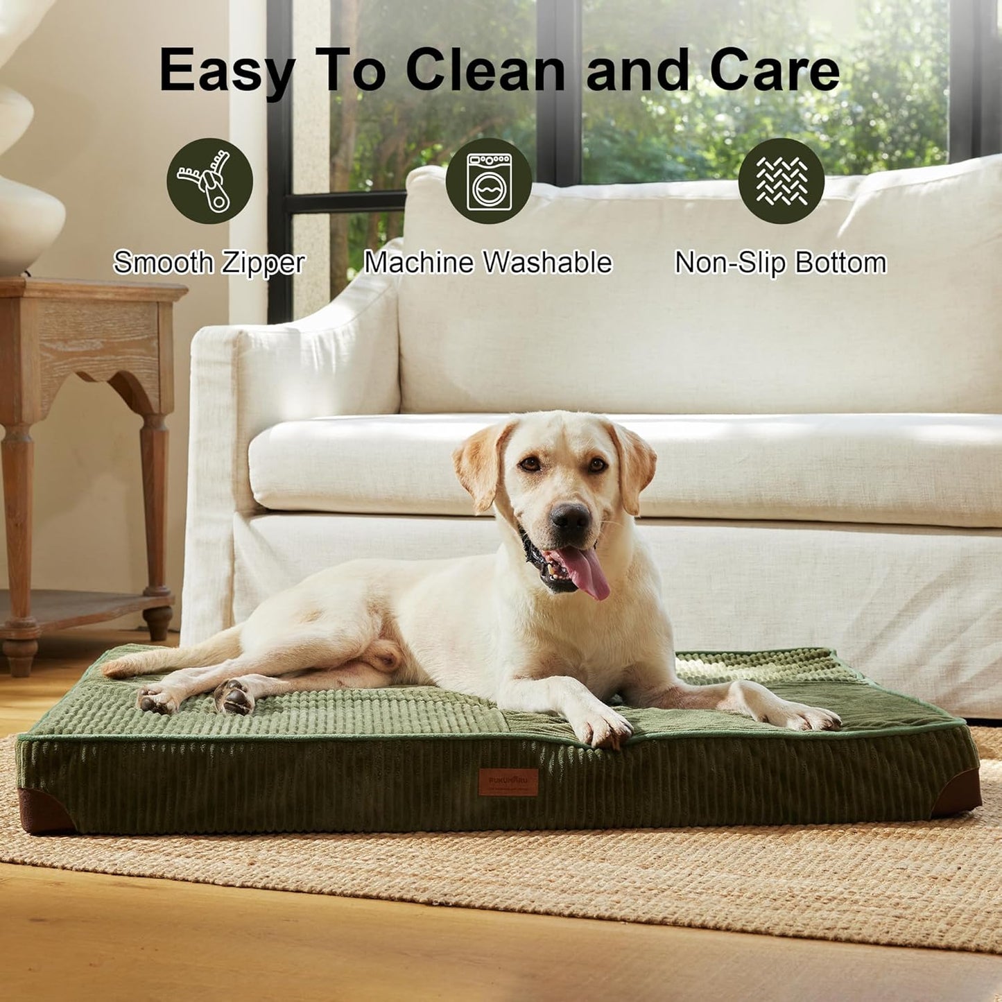 FUKUMARU Dog Bed, Thickened Corduroy Orthopedic Dog Beds with Washable Cover, XL Waterproof Dogs Bed for Crate, 28D Egg Crate Foam Support Pet Mat, Cozy Pet Bed Pad with Anti-Slip Bottom, Green