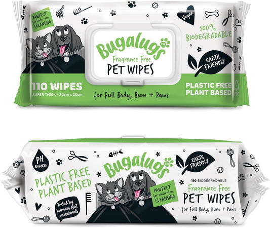 BUGALUGS Dog Wipes, 100% Plastic Free Biodegradable pet Wipes for Full Body, Eye Wipes, Ear Wipes, Bum & Paws. 110 Sensitive Dog Grooming Wipes for Dogs, Puppy & cat Grooming (Fragrance Free)