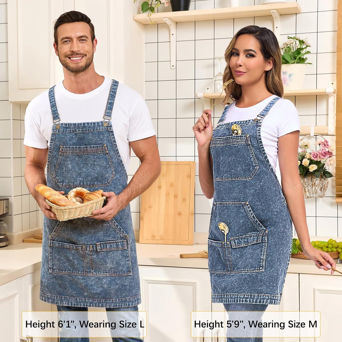Denim Apron with Pockets, Cross Back Apron for Men Women, Jean Work Aprons for Hairstylist Barber Grilling Gardening, Adjustable S to L