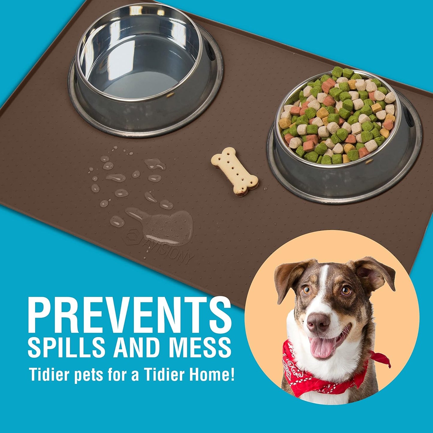 Waterproof Raised Edge BPA Free Silicone Pet Feeding Mat, 23x15 Dishwasher Safe Food Mat Contains Spills & Protects Floors, Placemats for Cats and Dogs Water Bowl, Pets Accessories Brown