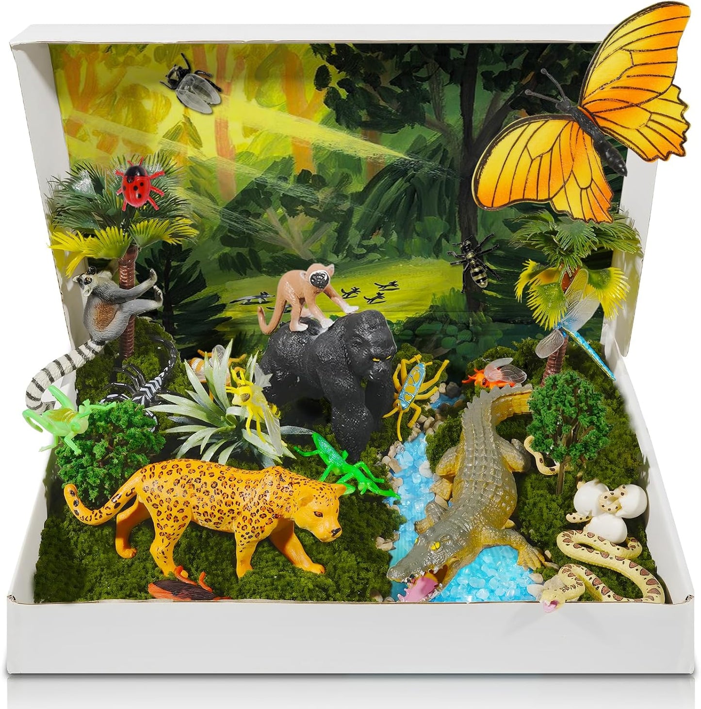 34 PCS Rainforest Diorama Kit Rainforest Animals Figurines Set Assorted Creatures Rainforest Diorama Supplies Animals Model Trees DIY Rainforest Decor