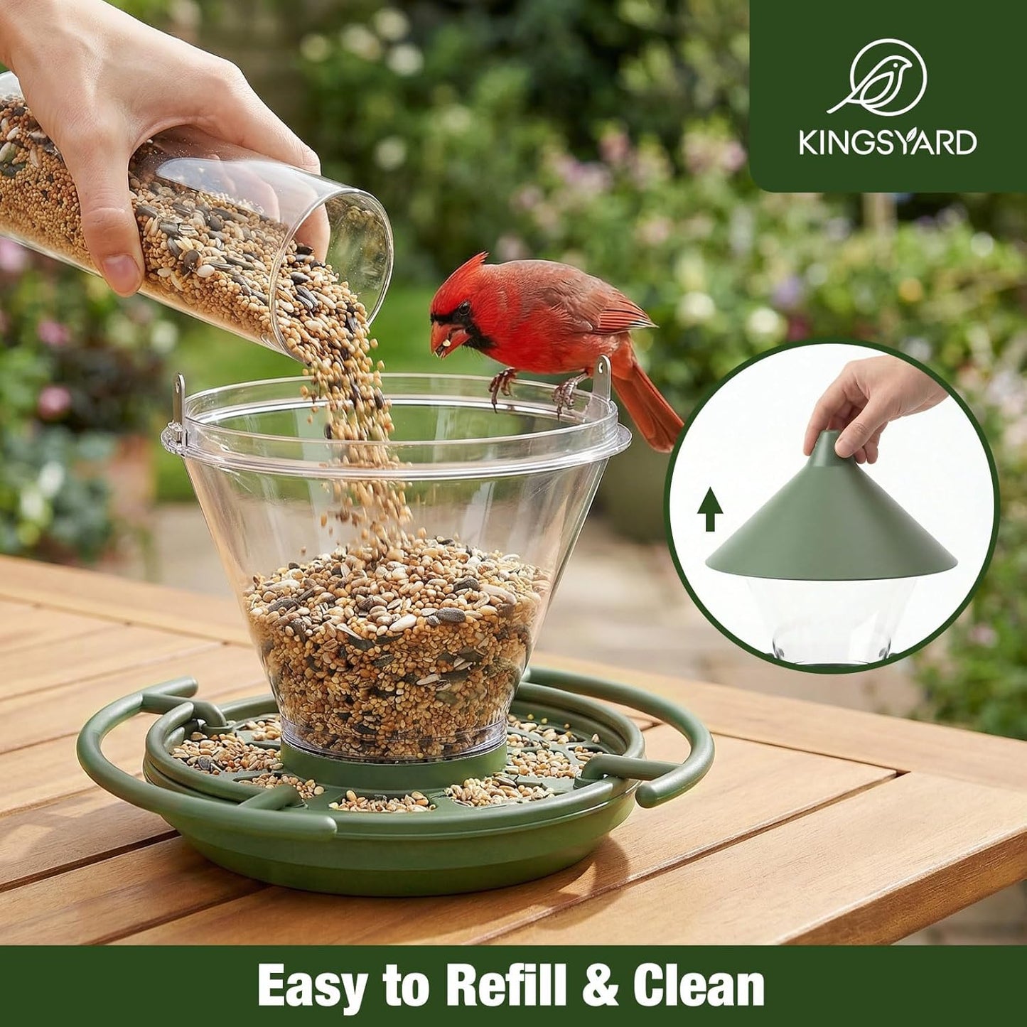 Kingsyard Wild Bird Feeder for Outdoors Hanging, No-Waste Tray with Seed Guard & Circular Perch, Garden Yard for Cardinal Finch, 4 lb Large Capacity, Green