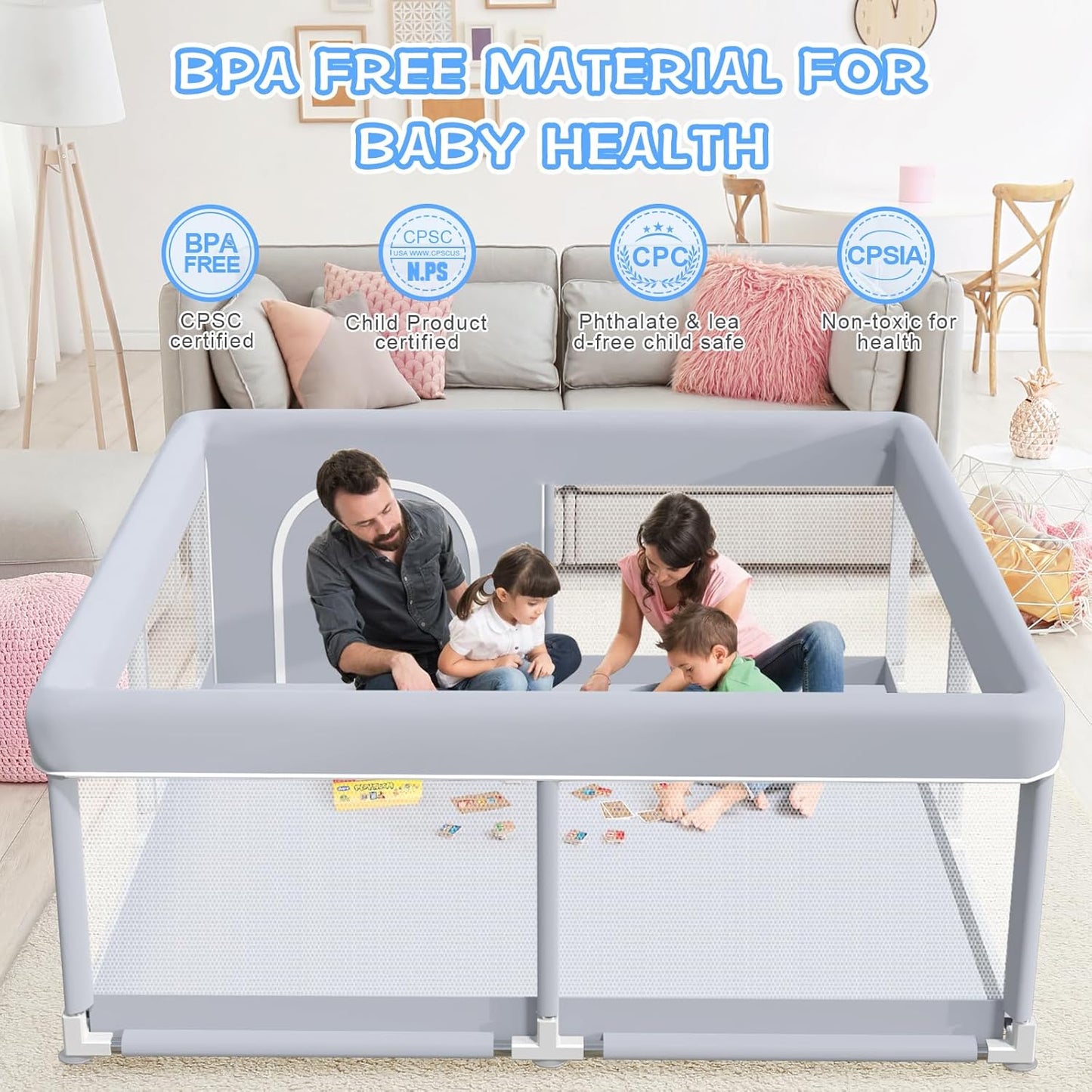 Baby Playpen 50 x 50 Inch Play Pen Playards, Playpen for Babies and Toddlers, Baby Playard for Indoor & Outdoor Active Center Game Fence, with Skin-Friendly Fabric and Soft Breathable Mesh Grey