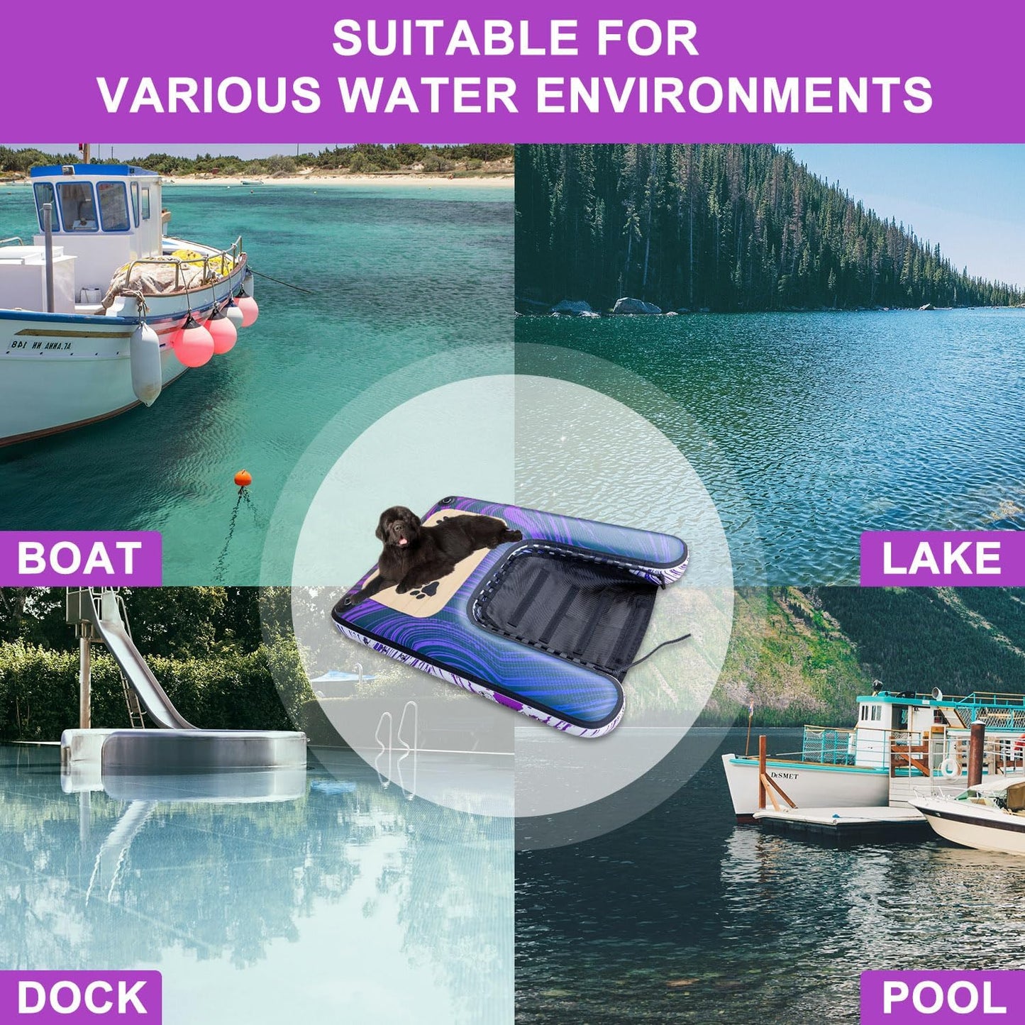Dog Ramp & Pool Float - Portable Pet Ramp for Boats, Docks, and Pools - Non-Slip Ramp for Small, Medium, and Large Dogs - Lightweight & Foldable - Purple and Blue Wave Pattern - PVC Material