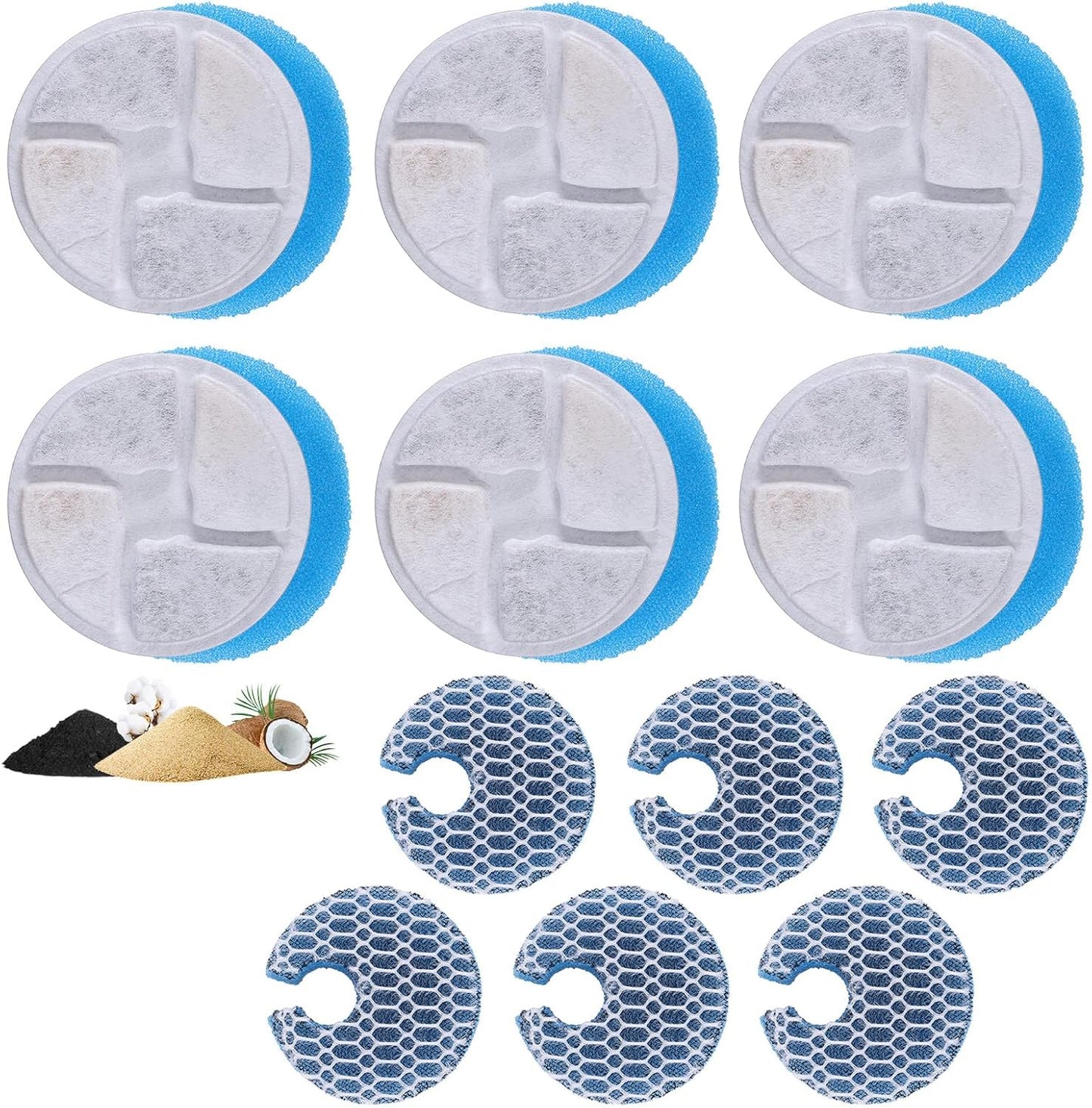 6 Set Cat Water Fountain Filters and Filter Sponges, 3 Triple Filtration System Pet Dog Water Dispenser Filter Replacement Activated Carbon Filters for 67oz/2L Stainless Steel Cat Fountain