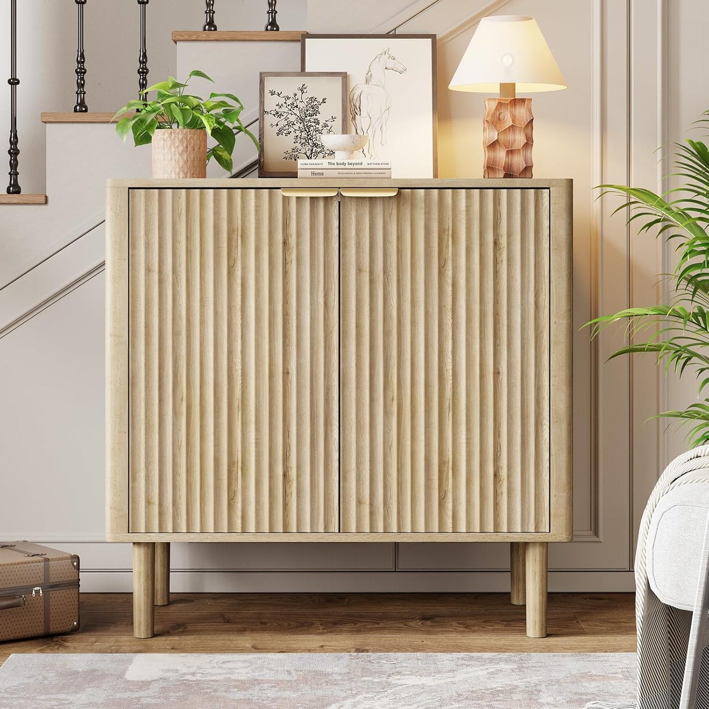 Sideboard Buffet Cabinet with Storage, Modern Fluted Accent Credenza with Doors & Adjustable Shelves, Wood Coffee Bar Console Table for Living Room, Dining Room, Kitchen or Entryway 31.5" Oak