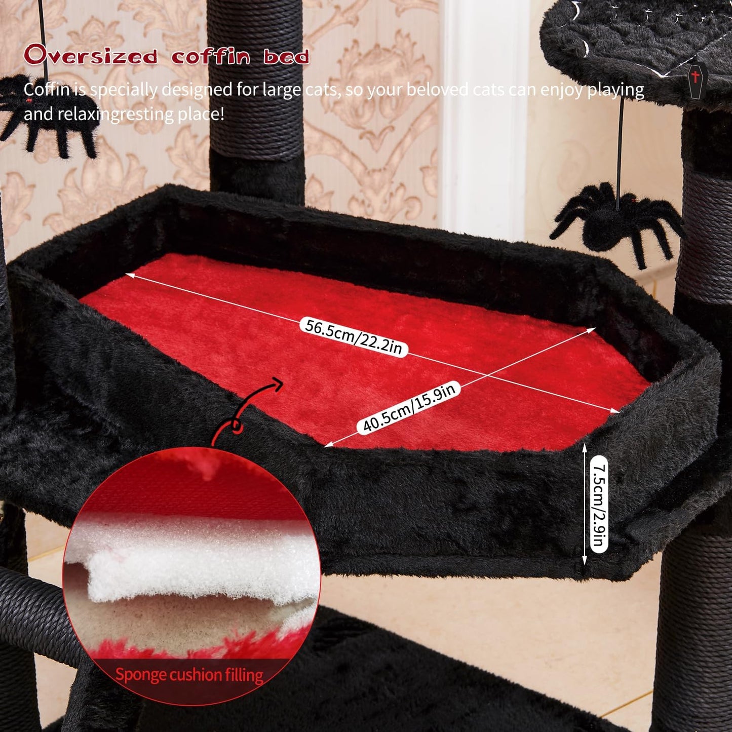 Gothic Cat Tree with Coffin Bed，55" Cat Tower with Spacious Cat Condo，Scratching Posts，Spider Hanging Ball，Multi-Level Cat Activities Furniture for Large Cats, Black Halloween