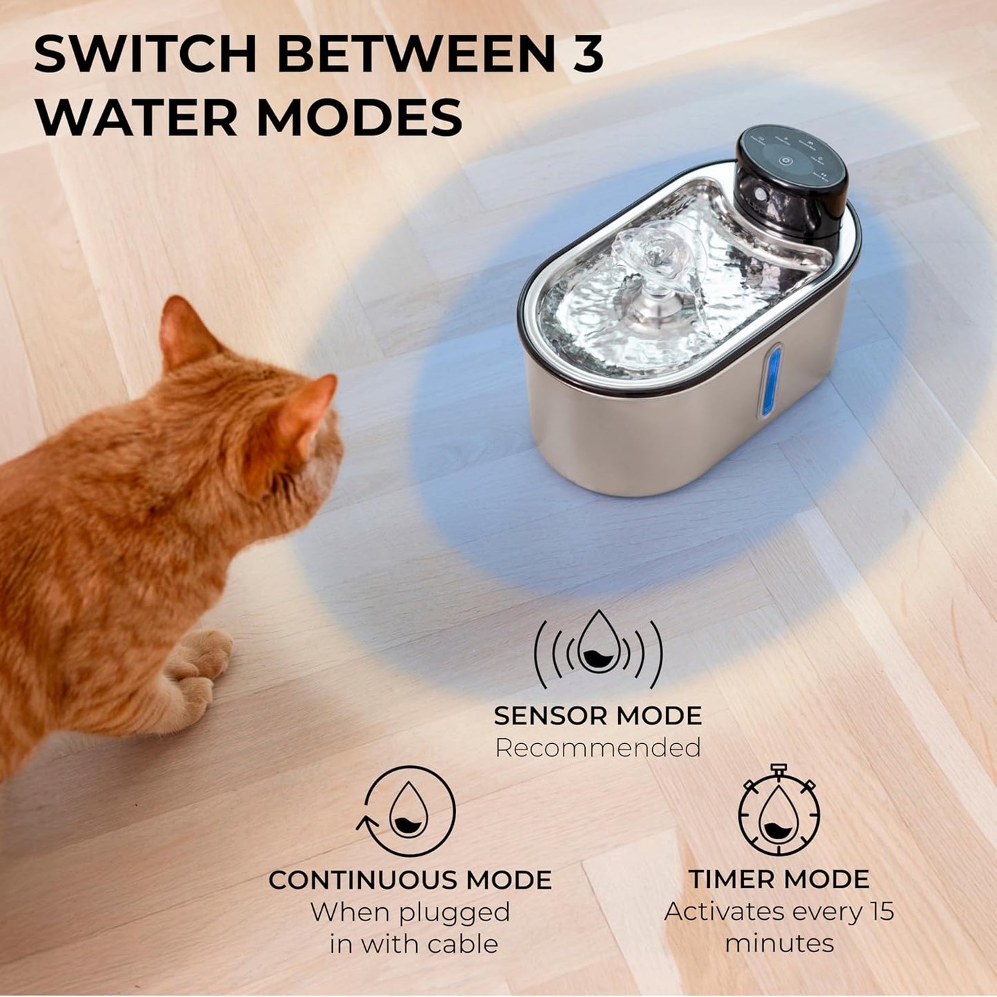 Wireless Cat Water Fountain Stainless Steel 108oz/3.2L, Cordless, Battery Operated Cat Fountain (Last up to 50 Days), Ultra Quiet, 2 Flow Modes, Multi-Filtration, BPA Free, Includes 2 Filters - Black