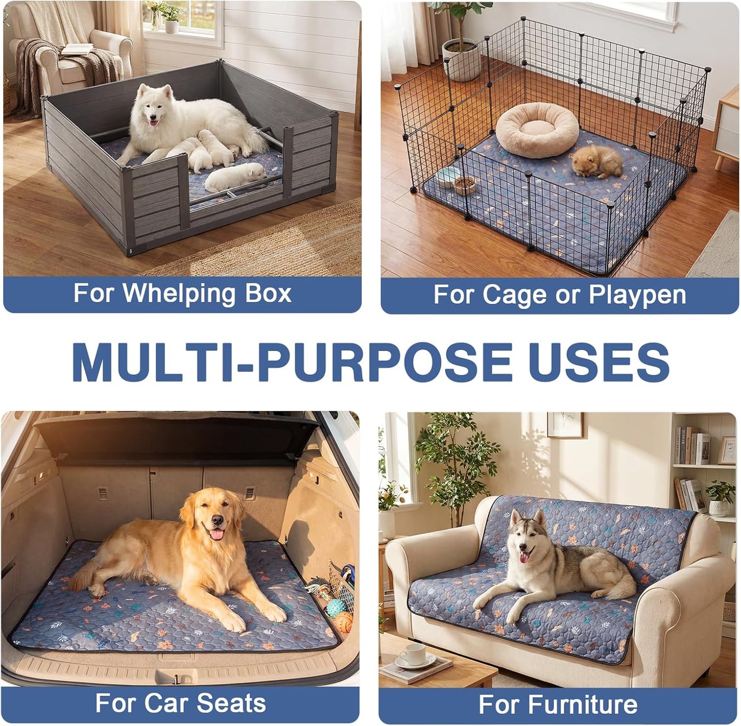 44'' x 44'' Washable Pee Pads for Dogs, Super Absorbent Reusable Puppy Training Pads, 100% Leak-Proof & Non-Slip Whelping Box Pads for Pet, 2 Pack