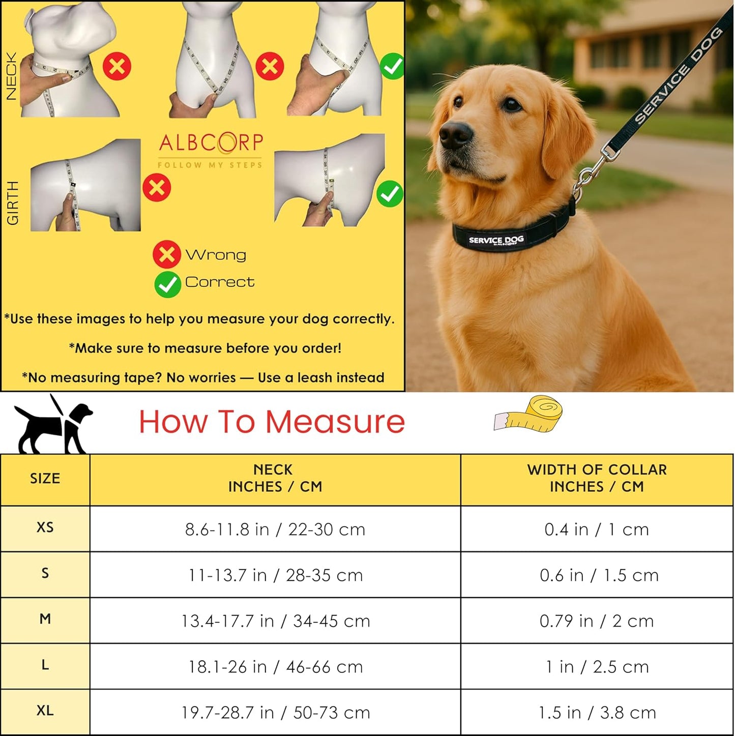 Albcorp Reflective Service Dog Collar – Sizes XS to XL (8.6–28.7 Inches), Service Dog Rubber Patch, Neoprene-Padded Comfort & High-Visibility Gear for Dedicated Handlers, Extra Small, Black