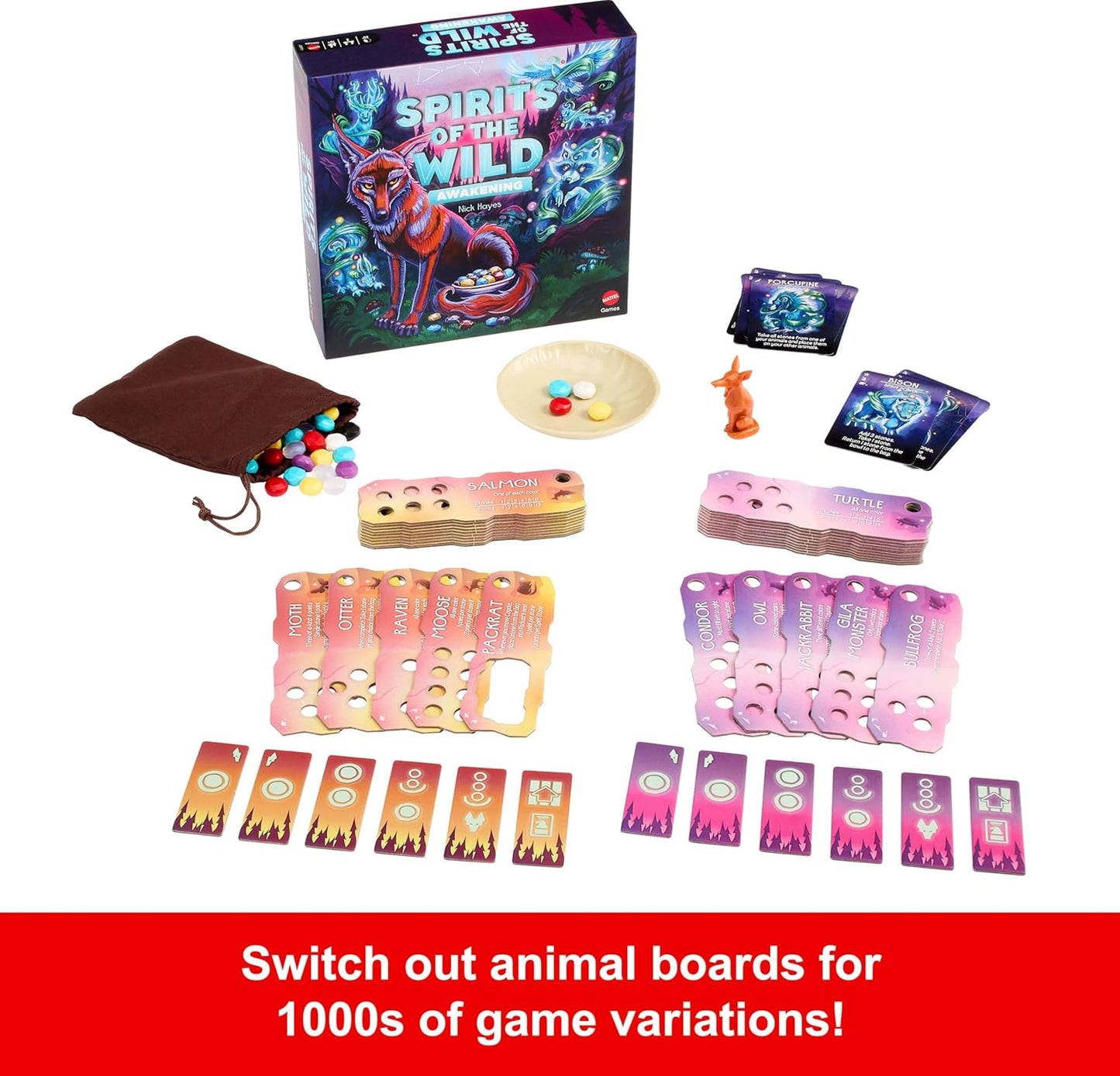 Mattel Games Spirits of the Wild: Awakening Relaxing, Light Strategy Board Game for 2 Players with Stones, Bowl and Coyote Figure