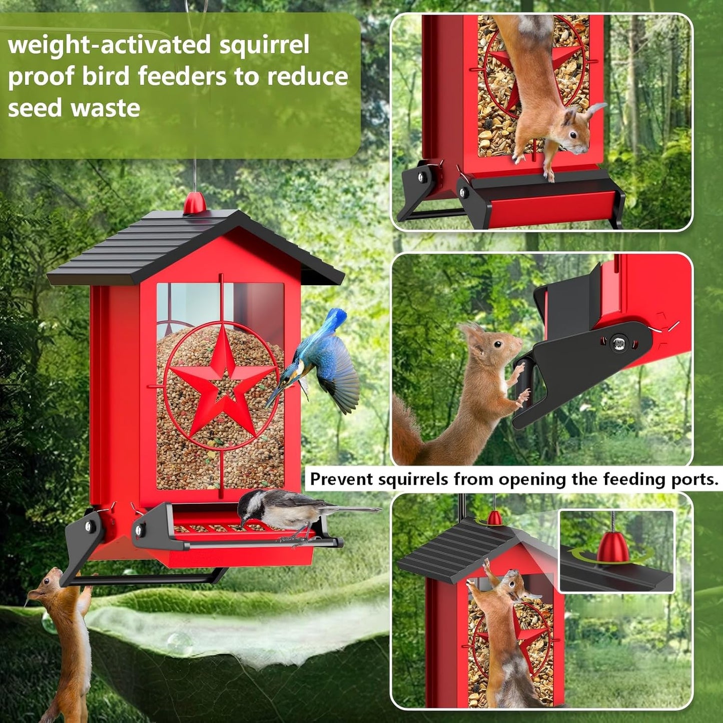 Squirrel Proof Bird Feeders for Outdoors With Weight-Activated, Metal 5LB Large Wild Bird Feeders for Cardinals,Blue jay,Finch, Weatherproof Durable Hanging Bird Feeder for Backyard,Garden,Patio - Red