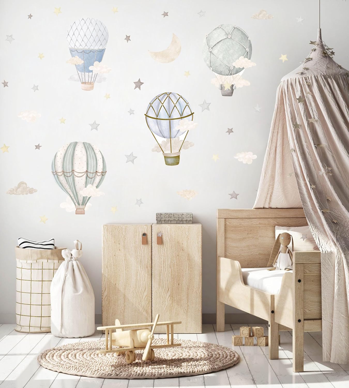 Watercolor Hot Air Balloon Wall Decals, Stars Clouds Balloon Vinyl Wall Stickers, Peel and Stick Colorful Artwork for Nursery Bedroom Toddler Room Playroom Decor