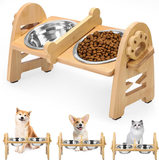 MCEAST Elevated Cat Bowls, Adjustable Raised Dog Bowls Stand with 2 Pieces 304 Stainless Steel Bowls, Bamboo Pet Elevated Bowl Cat Feeder for Newborn Cats Dogs Pets from 4.4 to 11 Pounds