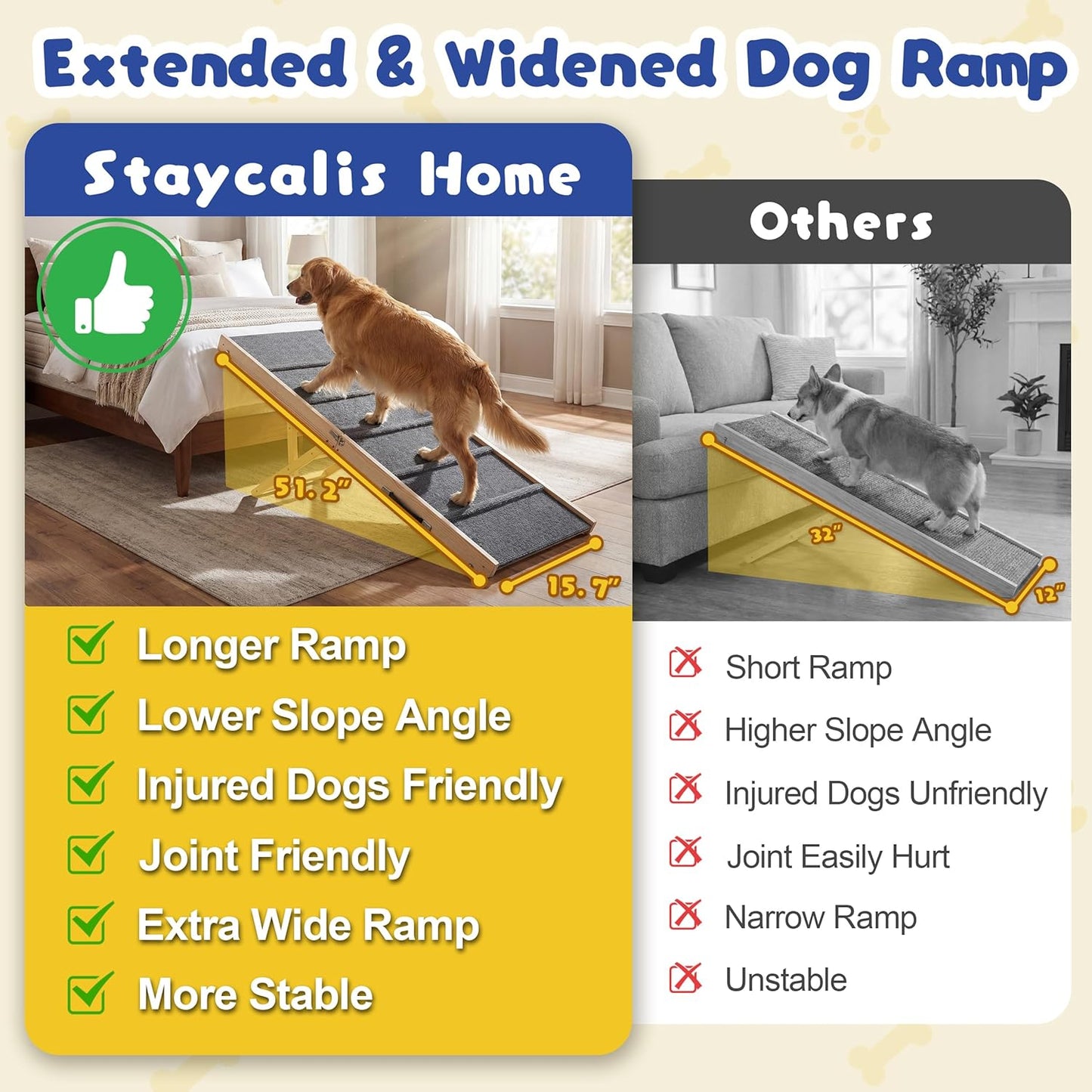 Dog Ramp for Bed & Couch - Extra 51.2" Long Adjustable Height 9.5" to 24" Wooden Non-Slip Pet Ramp, Portable Foldable Doggie Car Ramp for Small Medium Large Dogs, 200 LBS Load