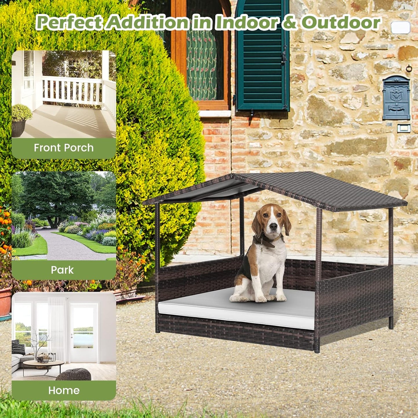 Tangkula Wicker Dog House, Indoor Outdoor Raised Rattan Dog Bed w/Removable Cushion, Washable Cover, Weatherproof Roof, Rattan Puppy Shelter w/Elevated Floor for Small Medium Dogs (White)