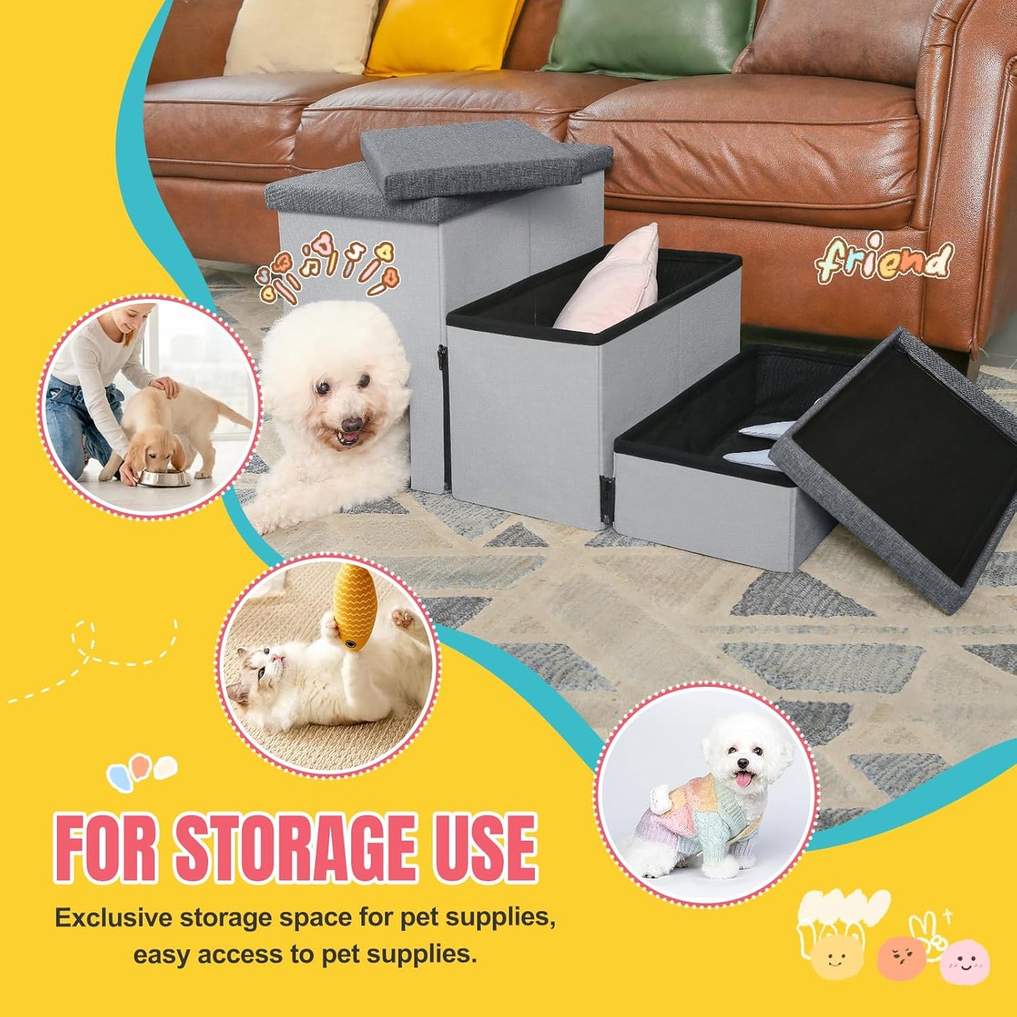 Dog Stairs for High Beds, Folding Pet Steps for Small Dogs and Cats with Storage and Condo, Non-Slip Dog Steps for Couch and Bed up to 22 inches(3 Steps, Grey-Dark Grey)