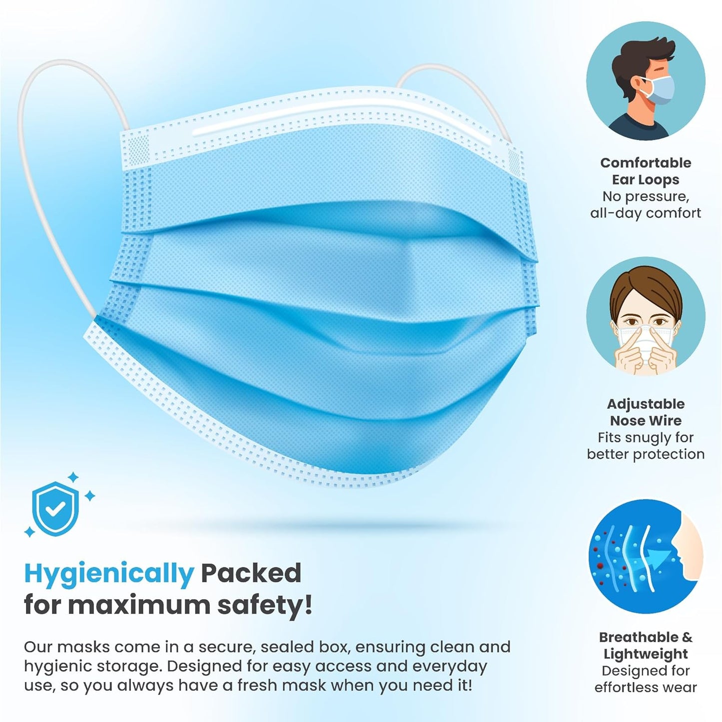 PURE GEM [Pack of 150] Single Use Disposable Blue Face Mask, Soft on Skin, 3-ply Masks Facial Cover with Elastic Earloops Great For Home, Office, School, and Outdoors