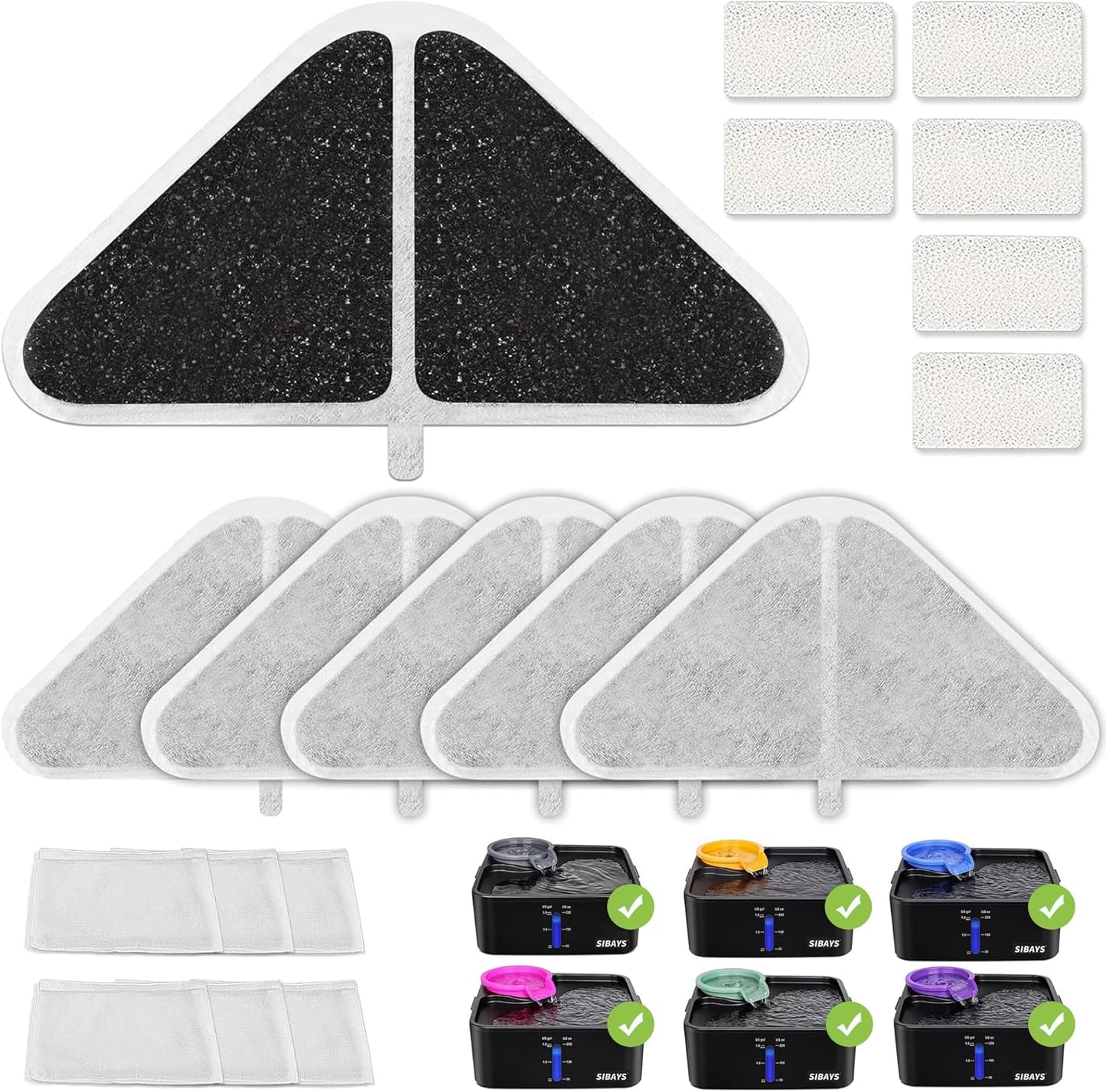 SIBAYS Cat Water Fountain Filters, Replacement Water Fountain Filters for 230oz/7L Pet Water Fountains, Made of Food Grade Activated Carbon and PP Cotton, 6pcs Filter + 6pcs Mesh + 6pcs Sponge
