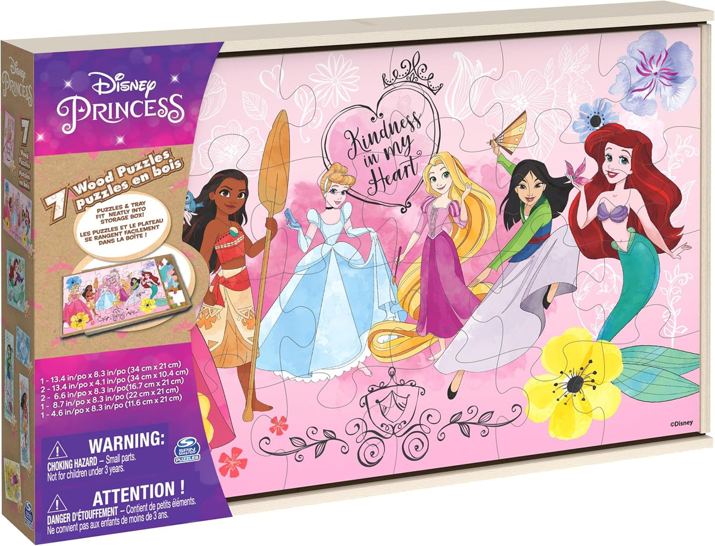 Spin Master Games, Disney Princess Puzzles, 7-Pack, Jigsaw Kids Puzzles, 12, 16, & 24 Pieces, Featuring Ariel, Tiana, Rapunzel, Pocahontas, Storage Tray, Easter Gift, for Ages 4 & Up