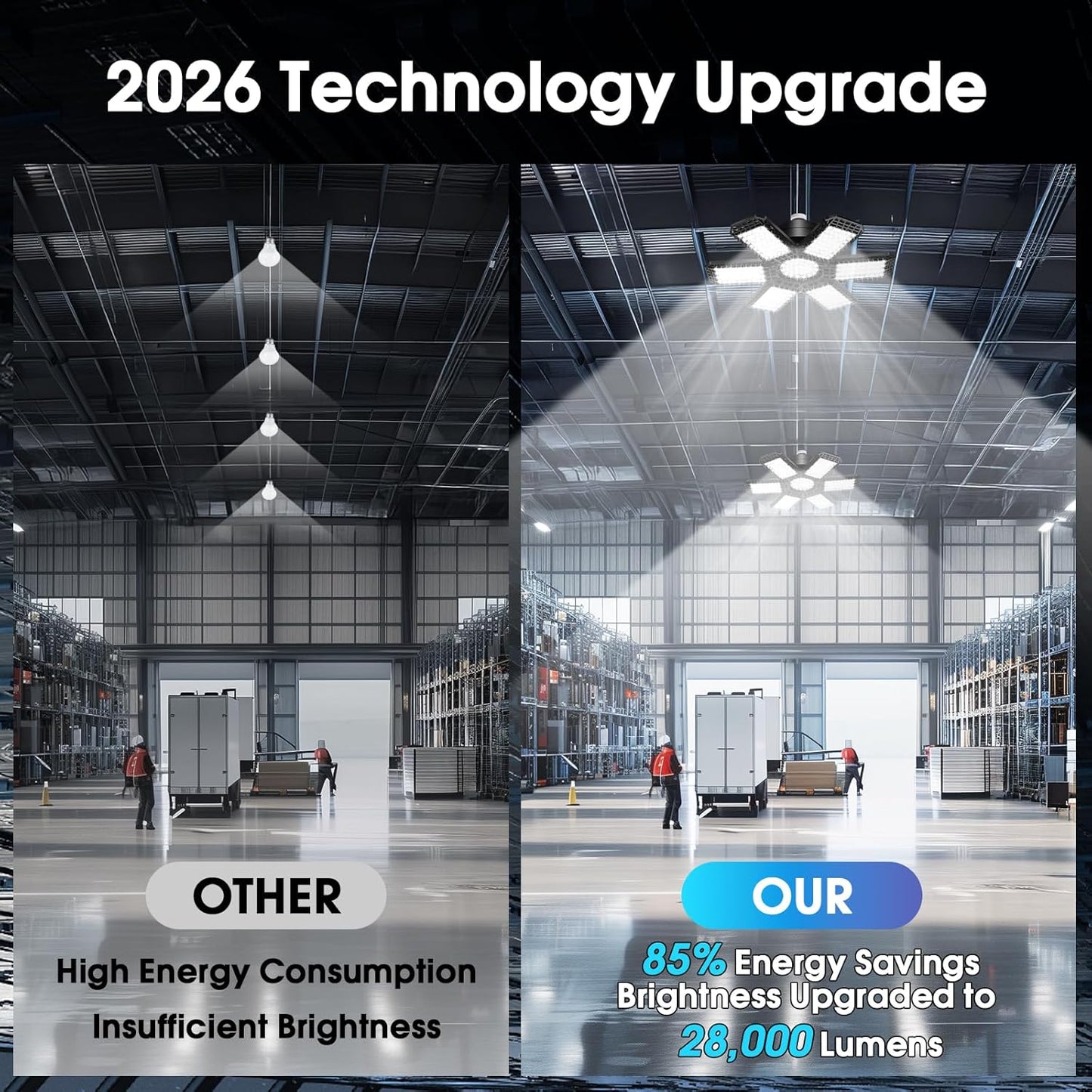 4 Pack Garage Lights, 28000LM Super Bright LED Shop Lights with 6+1 Deformable Panels, 6500K Garage Light Ceiling Led, E26 Socket Screw in Bulb for Warehouse, Workshop, Basement, Attic
