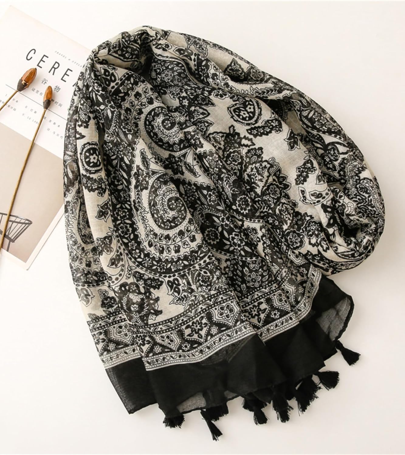 Travel Boho Scarf for Women Casual Lightweight Fashion Multicolor Shawl Wraps with Fringed Beads