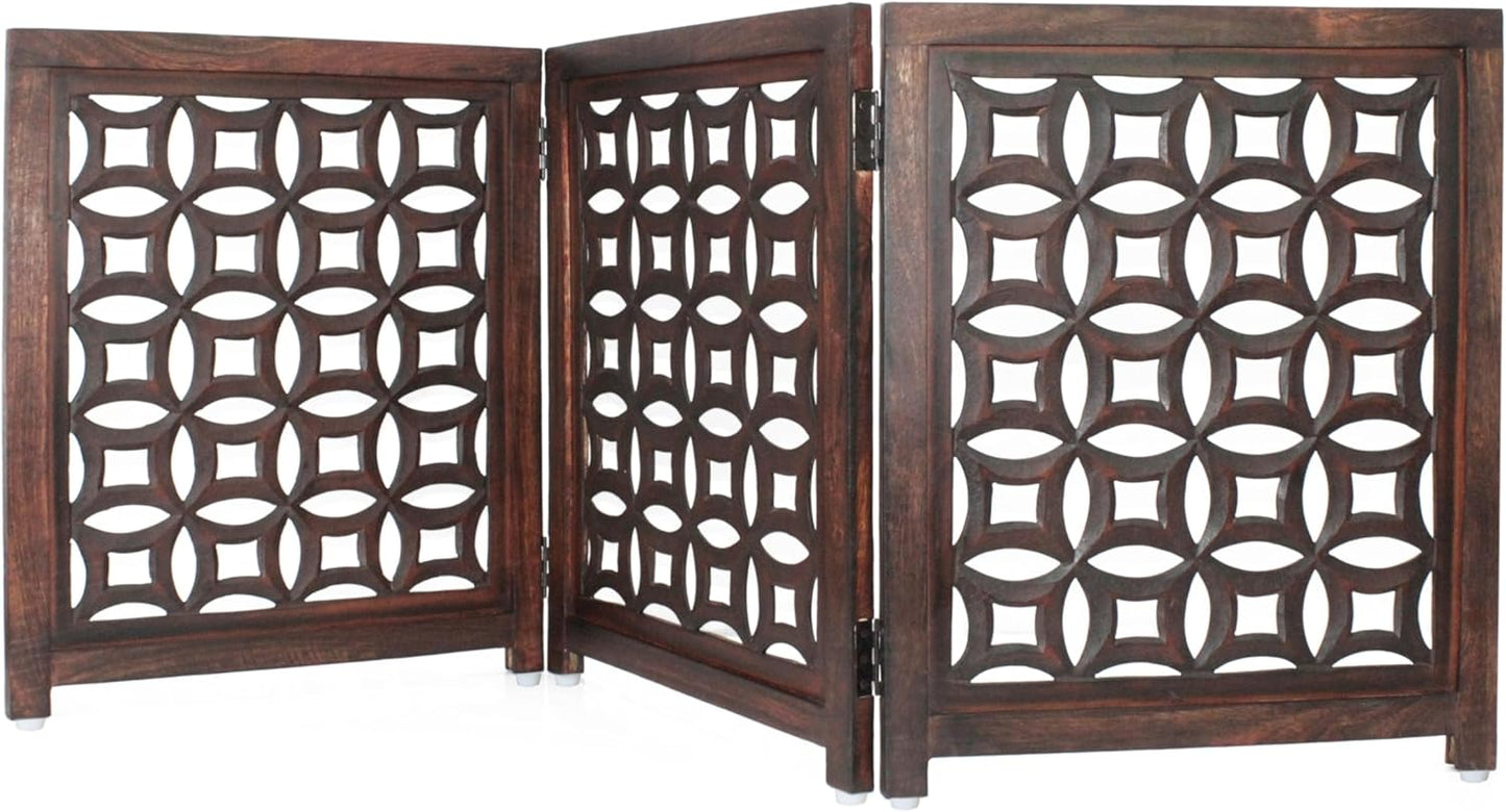 Wooden Foldable Pet Dog Safety Gate -3 Panels 20"Wx24"H- Hand Carved Solid Wood And MDF - Free Standing Portable Indoor Doorway Hall Stairs Dog Puppy Fence - Fully Assembled - Antique Brown -IRONGATE