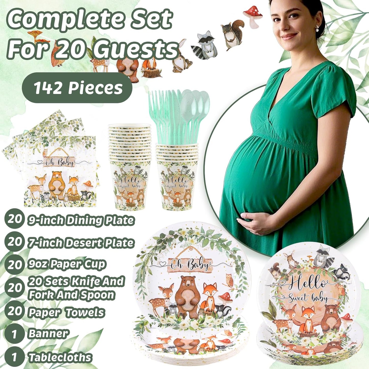 142PCS-Woodland-Baby-Shower-Party-Decorations for Boys Girls,Safari Jungle Wild Animal Tableware Set Serve 20,Party Supplies With Disposable Plates Napkin Cups Forks Knives Spoon Banner Tablecloth