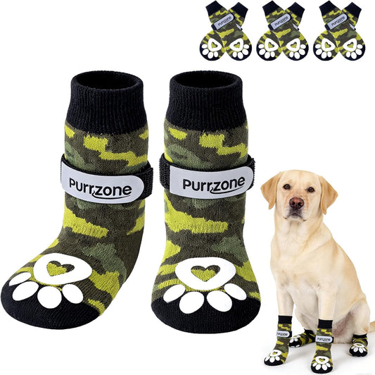 6 Pcs Non-Slip Dog Socks with Paw Grips Indoor, Cute Socks for Hardwood Floors, Winter Snow, Hot Pavement, Paw Protector Socks (Green Camouflage, Large)