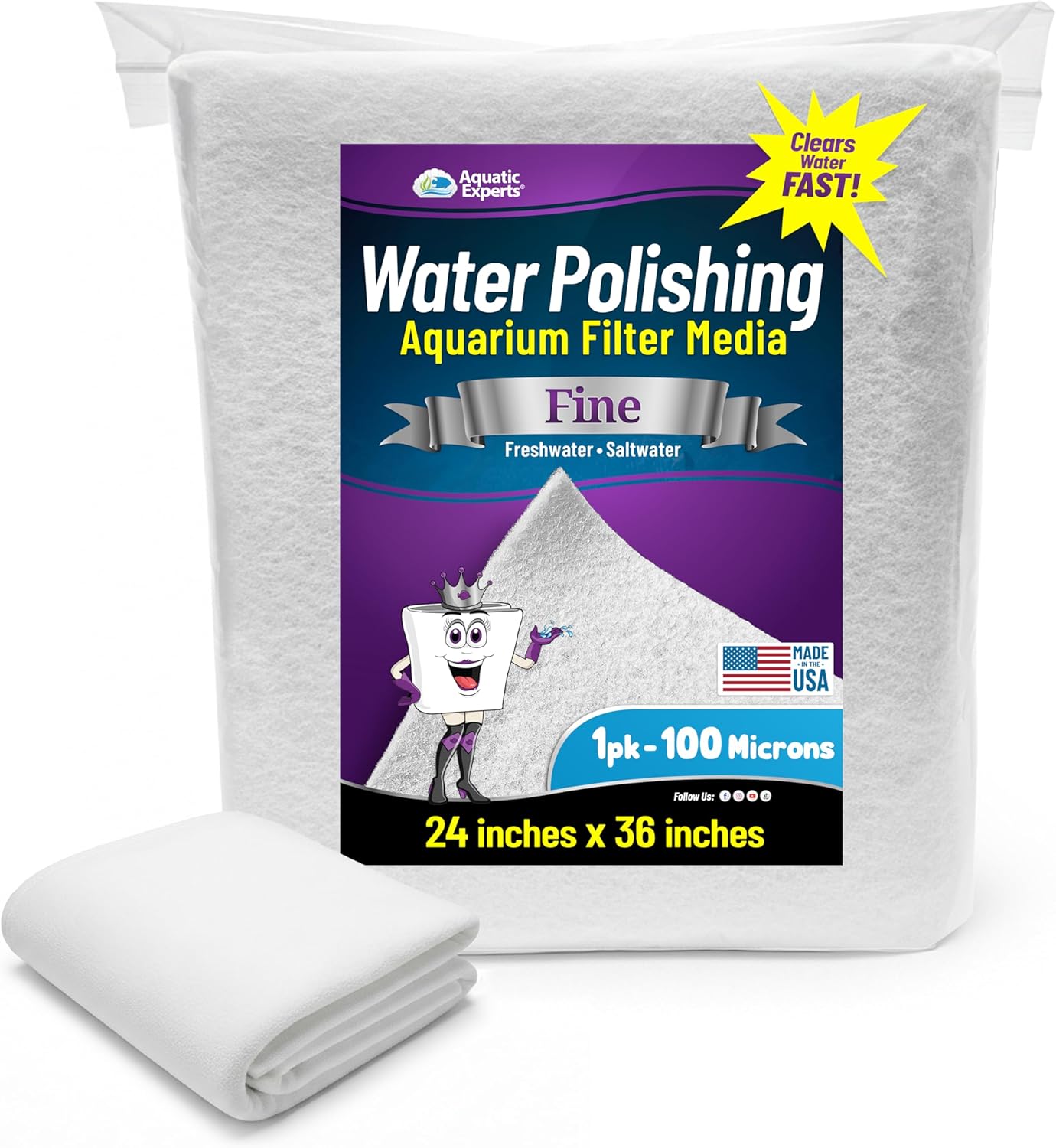 Aquatic Experts Aquarium Polishing Filter Pad, Water Polishing Pad for Aquarium Filters, Filter Floss for Fish Tank Filters, (100 Micron, 24" x 36" - 1 Pack)