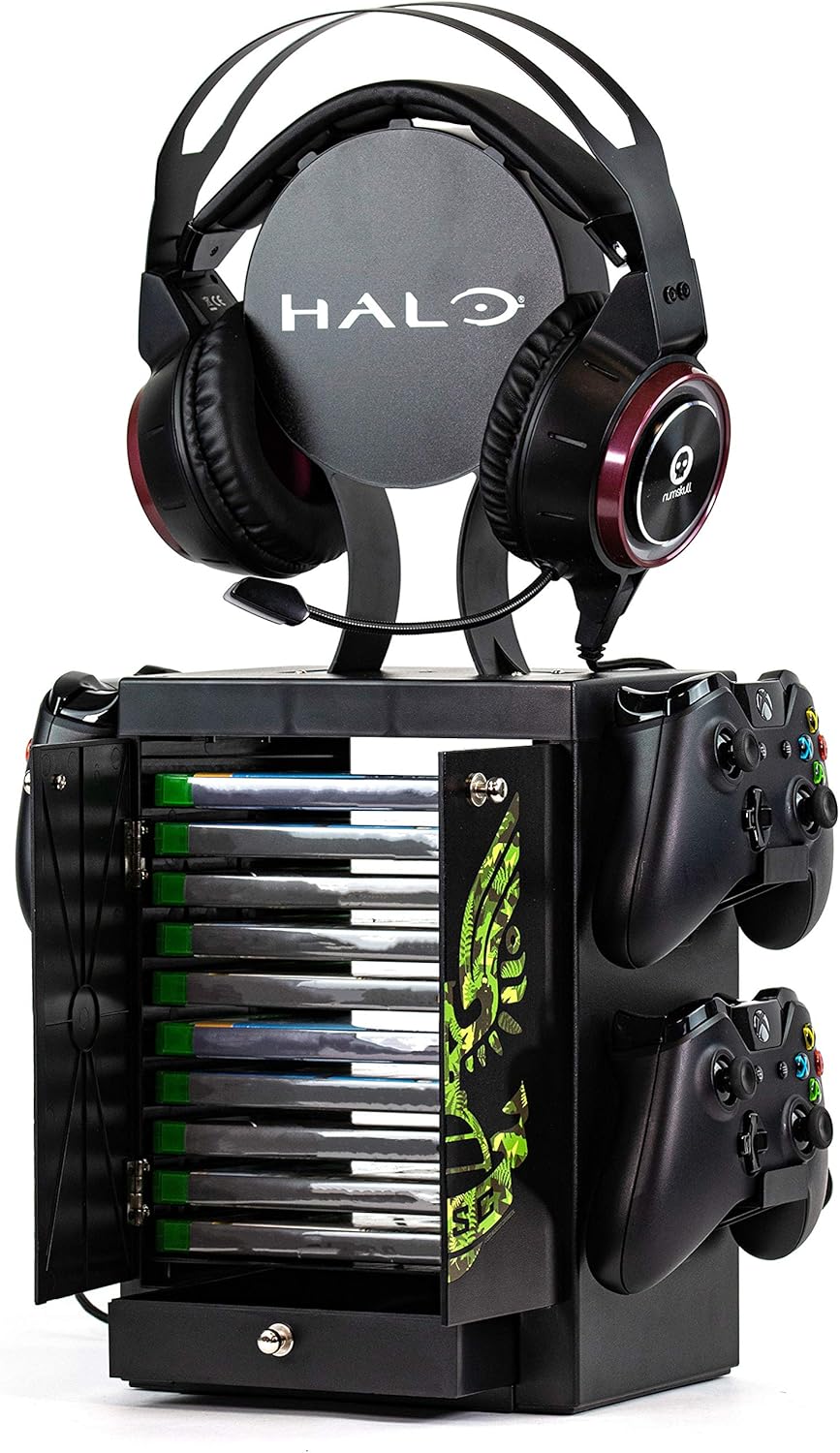 Numskull Official Halo Gaming Accessory Locker & Storage Stand – Holds 10 Games/DVDs, 4 Controllers, Headset, and Accessories – Durable & Compact Organizer – Official Halo Merchandise
